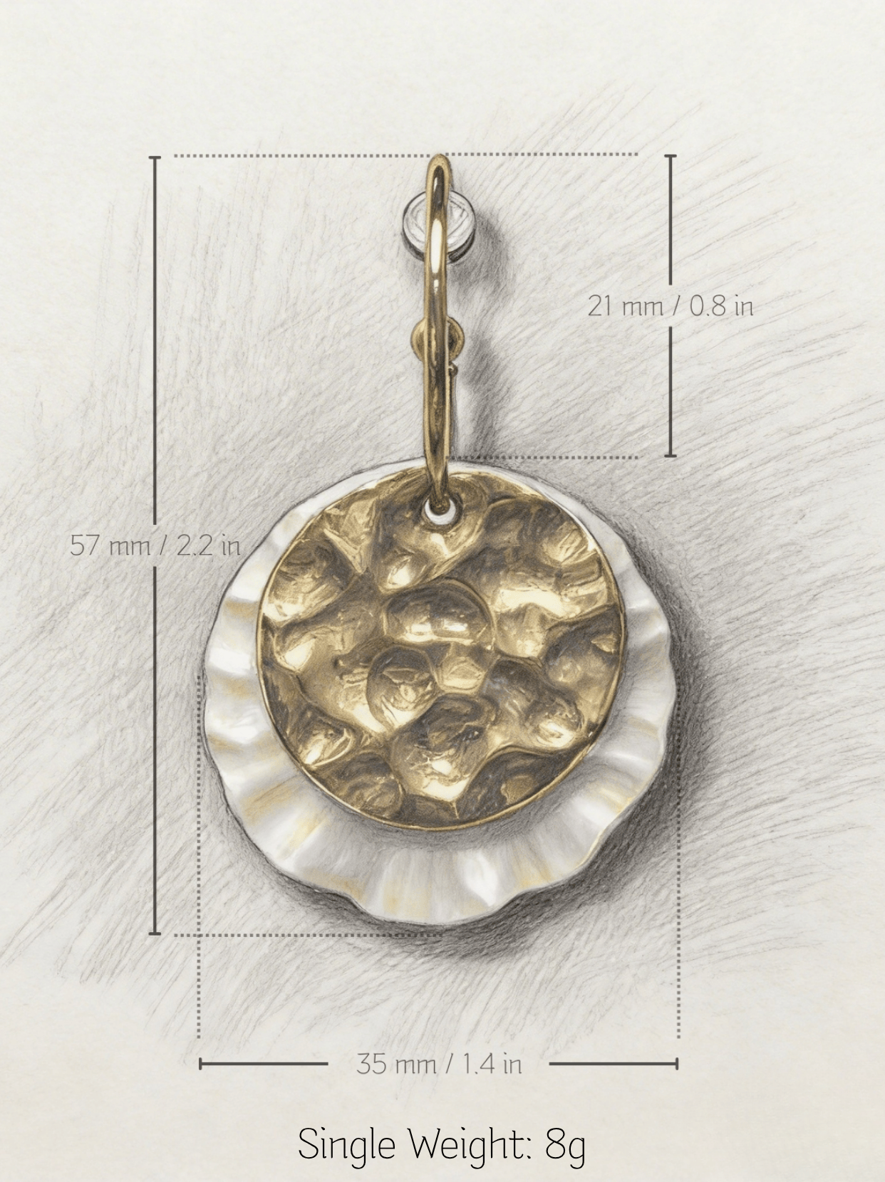 Technical specification drawing of HECROWN 006 earring: 57mm length, 35mm width, and 8g single weight, ensuring transparency in physical details for global buyers.