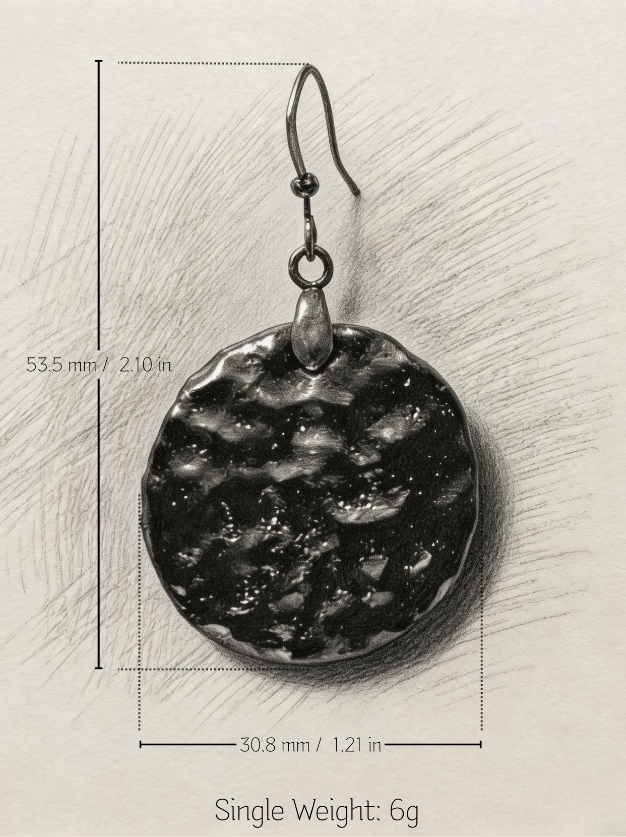 Technical drawing of HECROWN oversized black crater ceramic earring. Dimensions: 53.5mm length, 30.8mm width. Single weight: 6g. Transparent details for Jingdezhen handcrafted statement jewelry buyers.