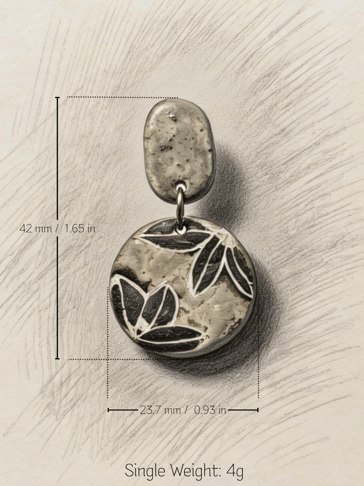 Technical specification drawing of HECROWN celadon botanical ceramic earring. Dimensions: 42mm length, 23.7mm width. Ultra-light 4g single weight. Transparent details for global buyers.