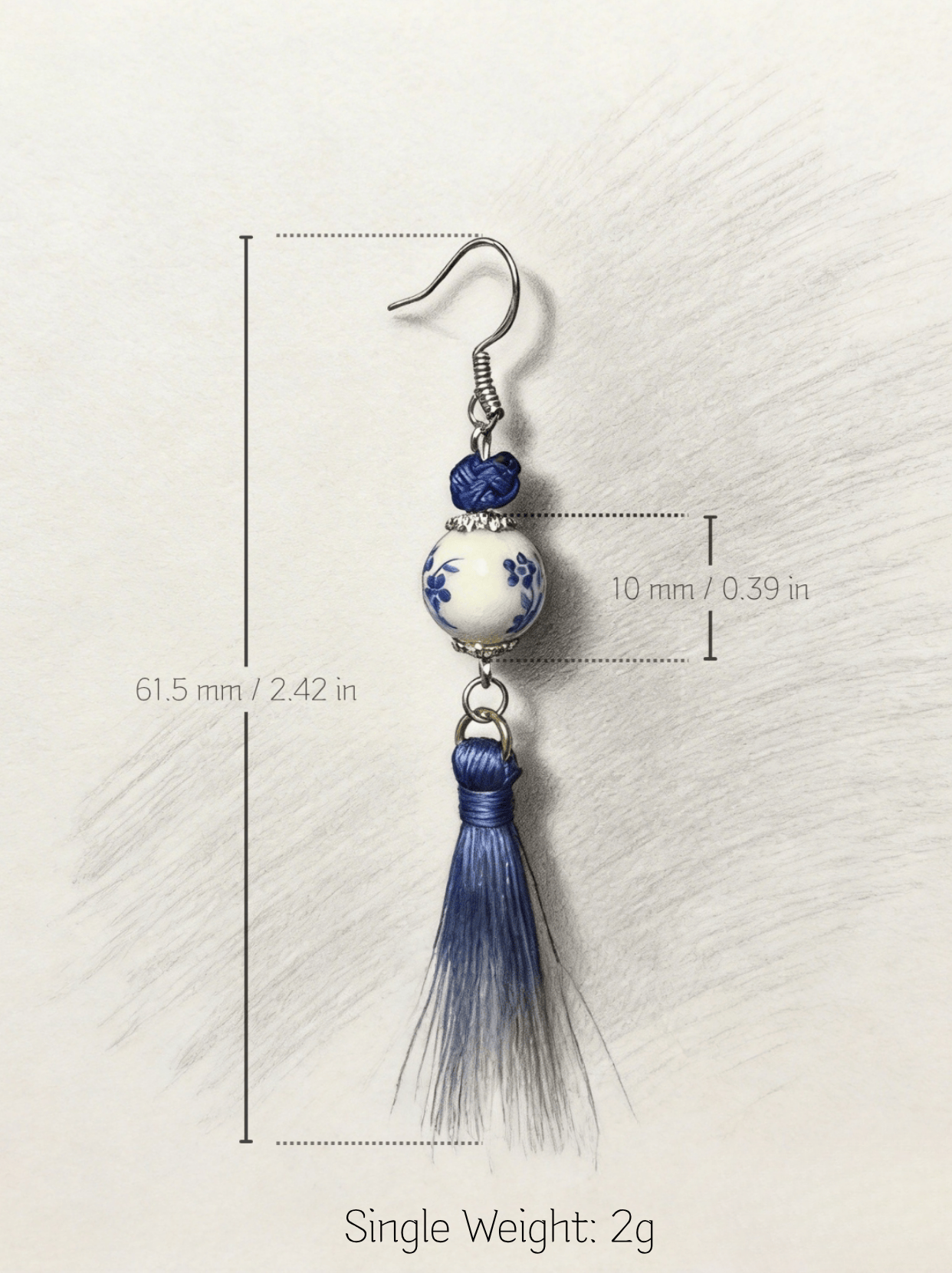 Technical specification drawing of HECROWN silk tassel earring. Dimensions: 85.5mm length, 19.8mm width. Ultra-light 4g single weight.