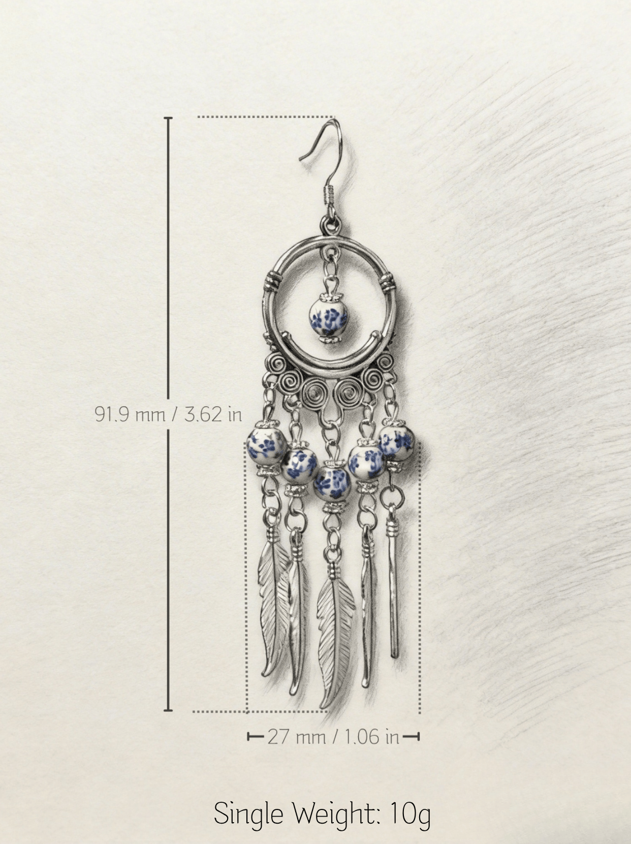 HECROWN handcrafted blue phantom ceramic earrings under soft window light and leaf shadows. A soulful piece of Jingdezhen porcelain art.