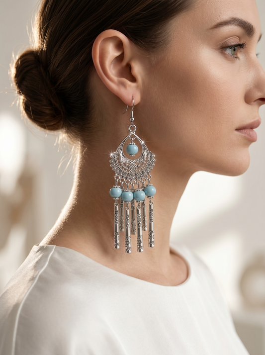 HECROWN 029 series blue floral ceramic round earrings hanging on a gold stand. Highlighting authentic handcrafted porcelain jewelry.