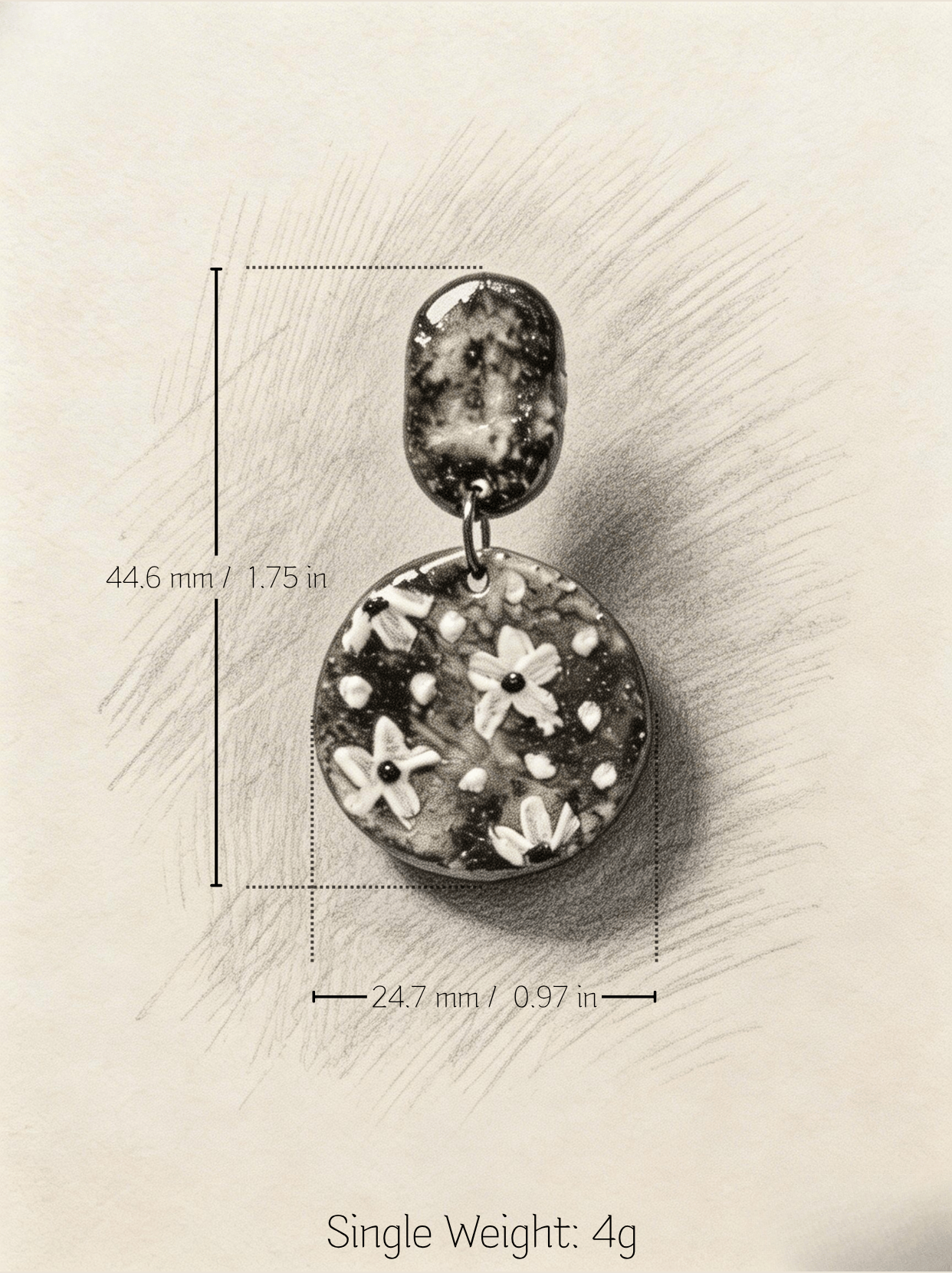 Technical drawing of HECROWN painted floral ceramic earring. Dimensions: 44.6mm length, 24.7mm width. Ultra-light 4g single weight. Transparent handmade jewelry specifications.
