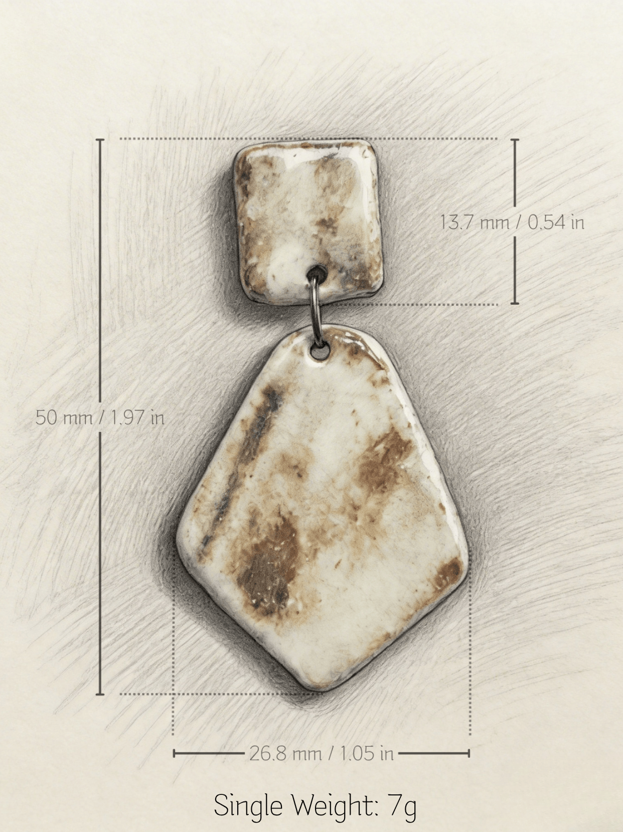 Technical drawing of HECROWN wabi-sabi geometric ceramic earring. Dimensions: 50mm length, 26.8mm width, with a 7g single weight. Providing transparent details for Jingdezhen handmade jewelry buyers.