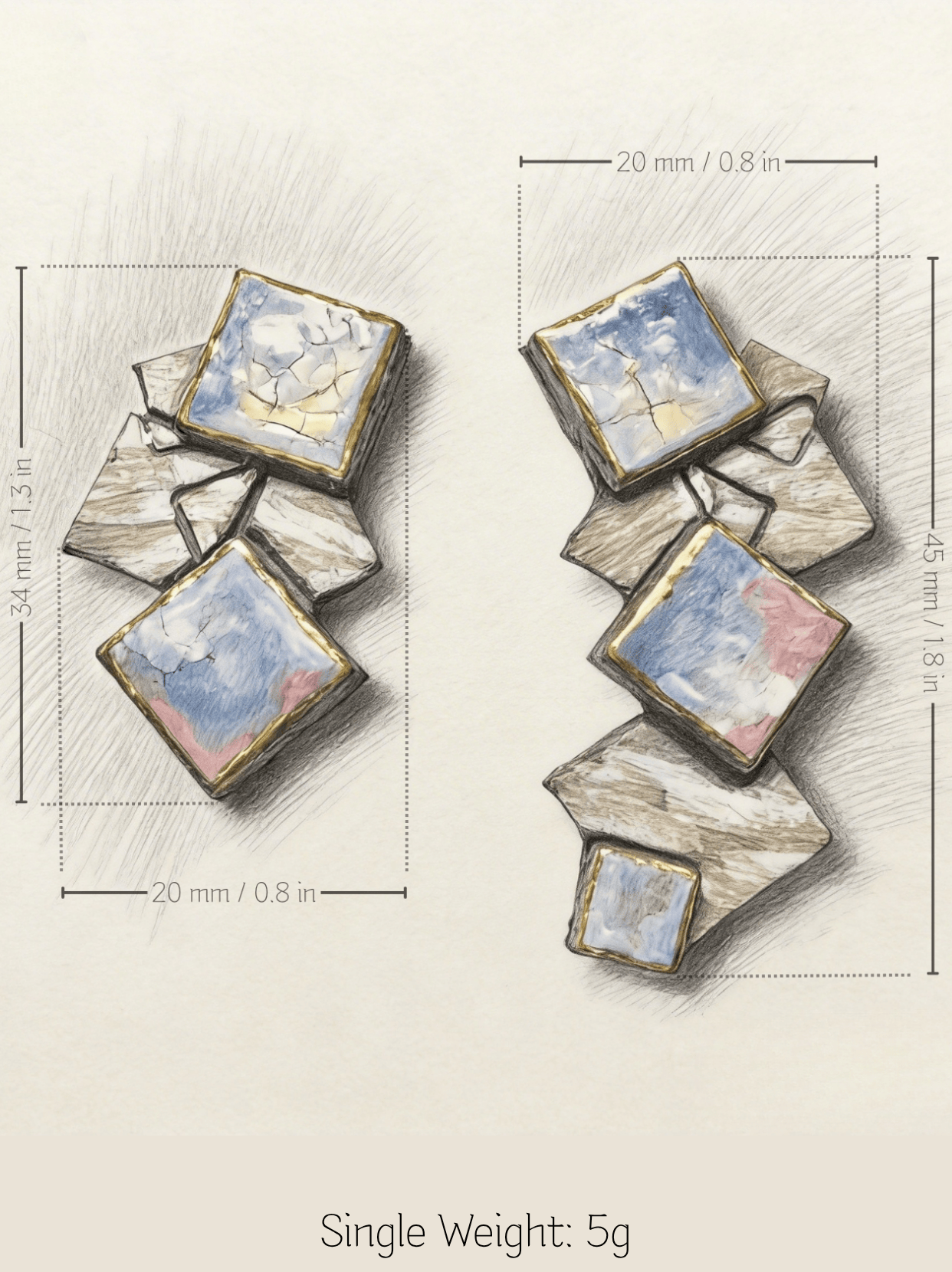 Technical drawing showing dimensions of HECROWN 003 asymmetrical ceramic earrings: one at 34mm and another at 45mm length, both 20mm wide. Highlighting the ultra-lightweight 5g single weight for a comfortable, artistic wearing experience.