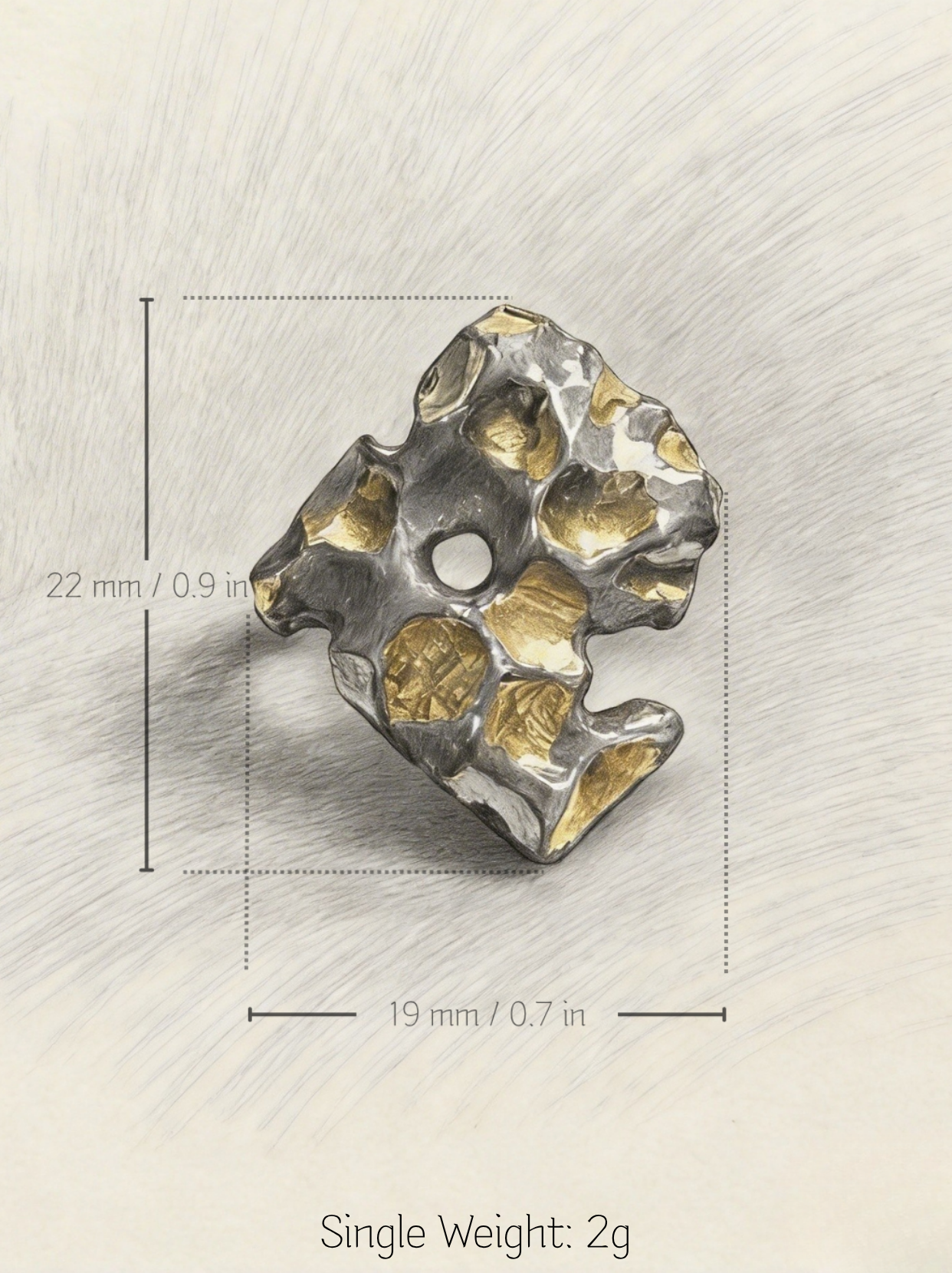 Technical drawing of a HECROWN 004 organic ceramic earring showing dimensions of 22 mm by 19 mm. Highlighting the ultra-lightweight 2g single weight for an artistic and comfortable wearing experience, handcrafted in Jingdezhen.