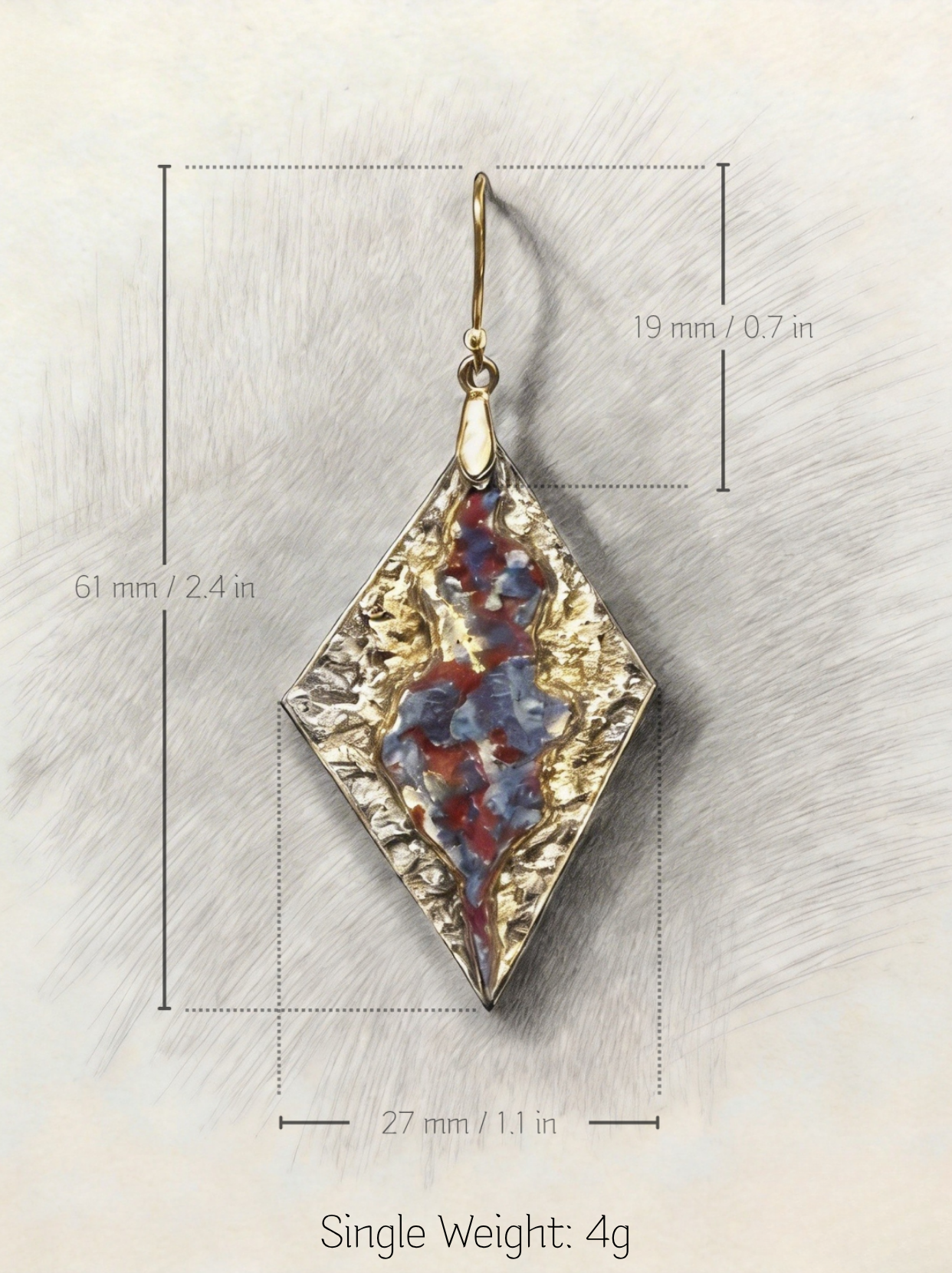 Technical specification drawing of HECROWN 005 rhombus ceramic earring. Dimensions: 61mm length, 27mm width. Highlighting the ultra-lightweight 4g single weight, ensuring a comfortable and sincere handcrafted wearing experience from Jingdezhen.