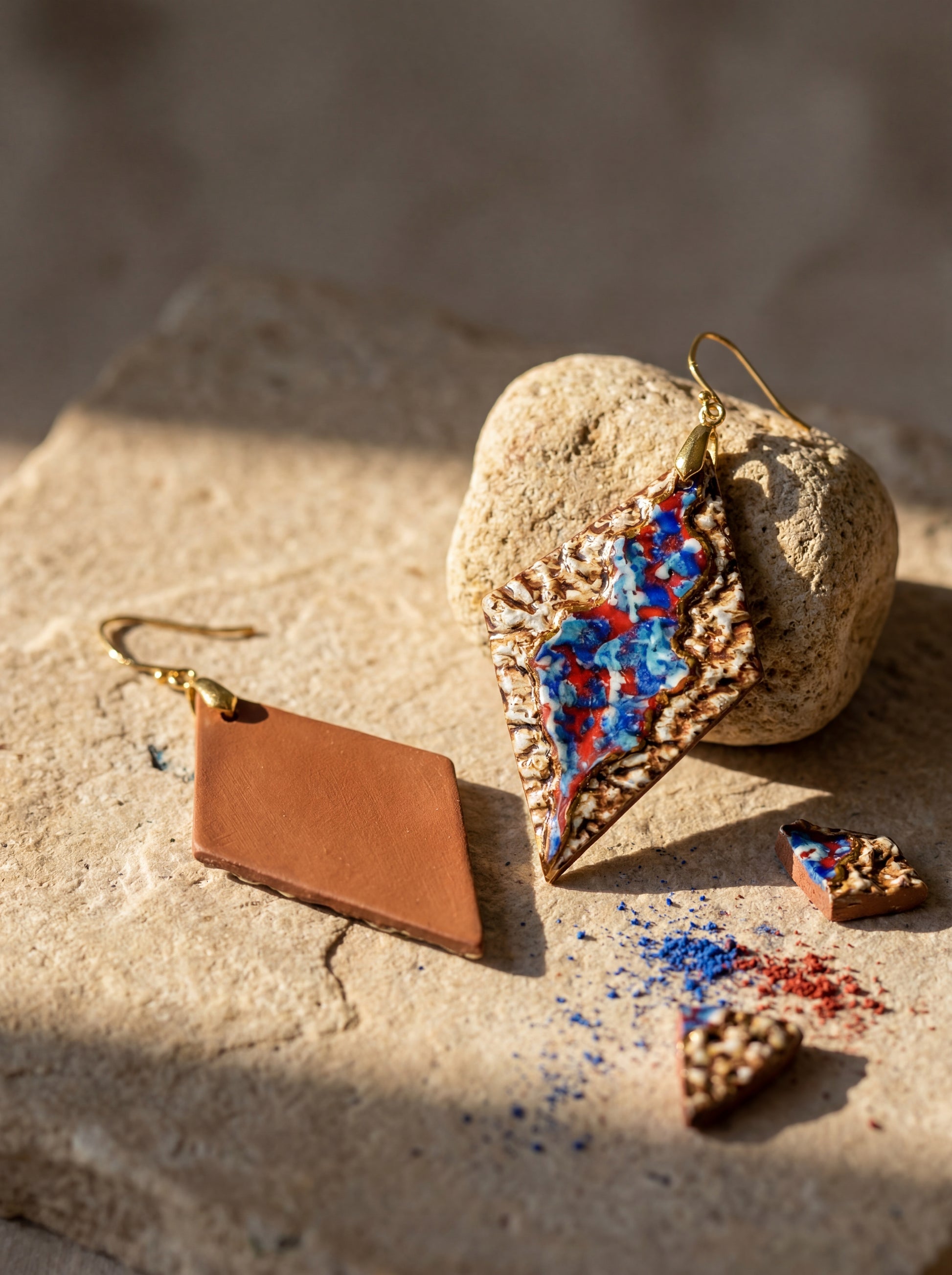 High-angle shot showing both the smooth brown back and the vibrant blue-red textured front of HECROWN 005 rhombus ceramic earrings. Displayed on a natural stone with ceramic shards and pigment dust, highlighting the dual-sided craftsmanship from Jingdezhen.