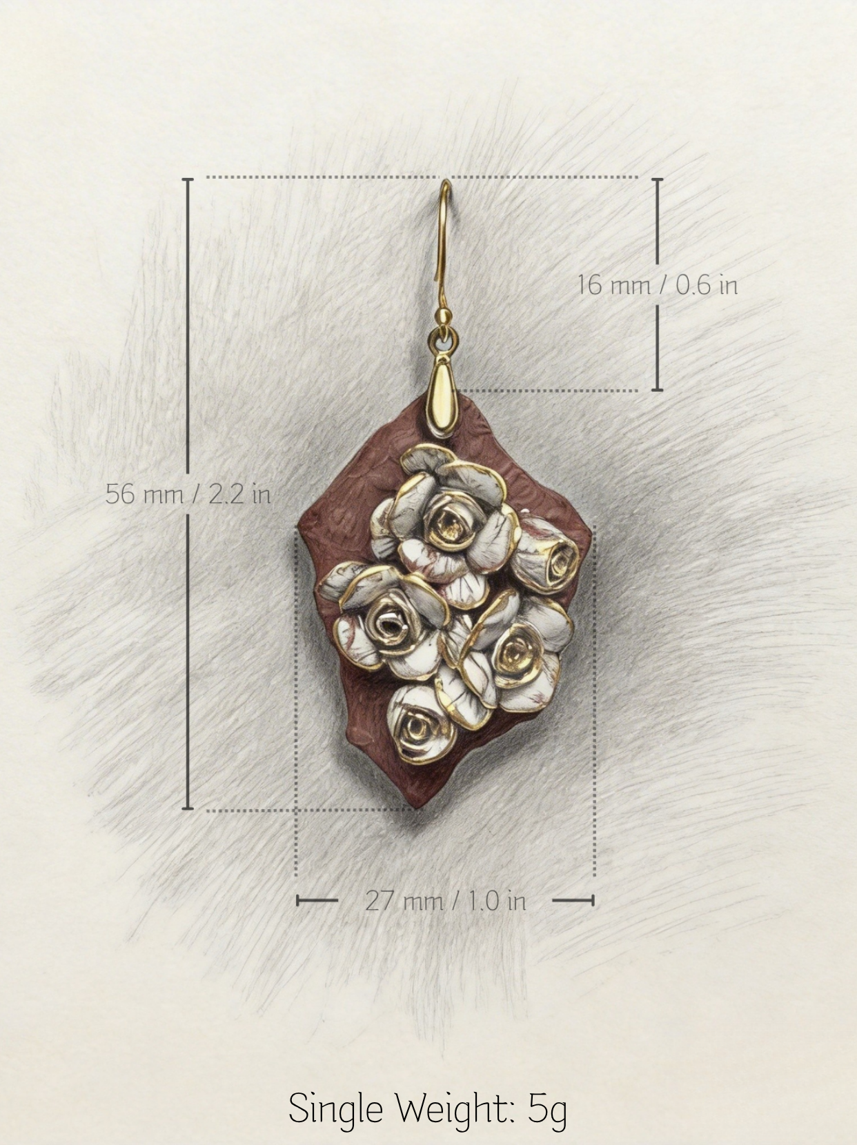 Technical drawing of HECROWN 007 Ruined Rose earring: 56mm length, 27mm width, and 5g single weight, providing transparent physical details for global buyers.