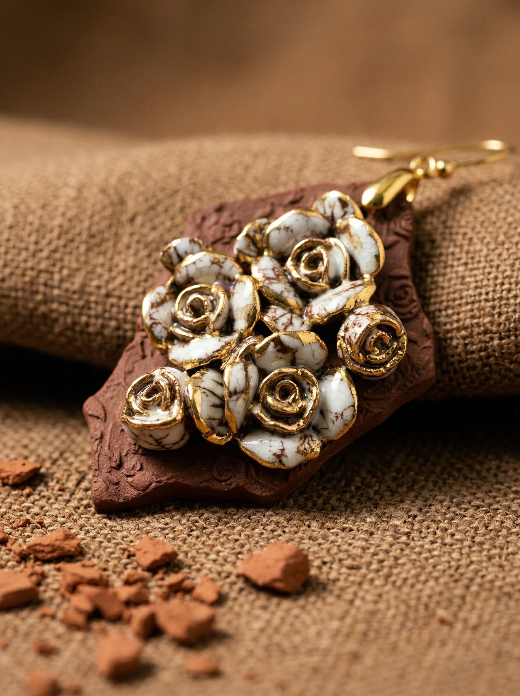 Extreme macro shot of HECROWN 007 ceramic earring on a burlap surface with clay fragments, showcasing the gold-accented white porcelain roses and handcrafted focus.