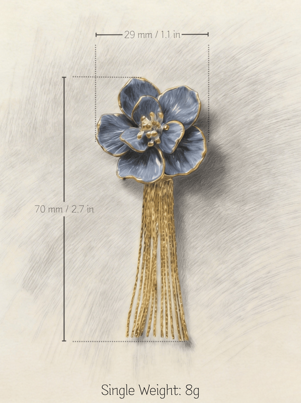 Technical drawing of HECROWN blue flower tassel earring: 70mm length, 29mm width, and 8g single weight. Providing transparent physical details for Jingdezhen ceramic jewelry buyers.