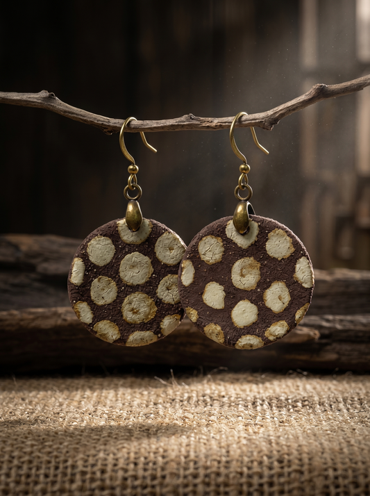 A pair of HECROWN round earthy brown ceramic earrings with beige crackle dots hanging from a natural branch. Authentic Jingdezhen handmade jewelry with a wabi-sabi aesthetic.