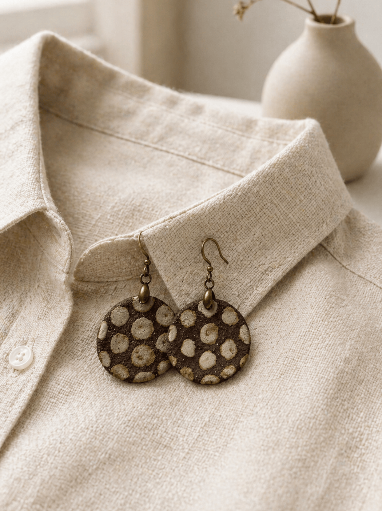 HECROWN round earthy brown ceramic earrings resting on a light linen shirt collar. A warm lifestyle shot perfect for a sincere anniversary gift for handmade jewelry lovers.