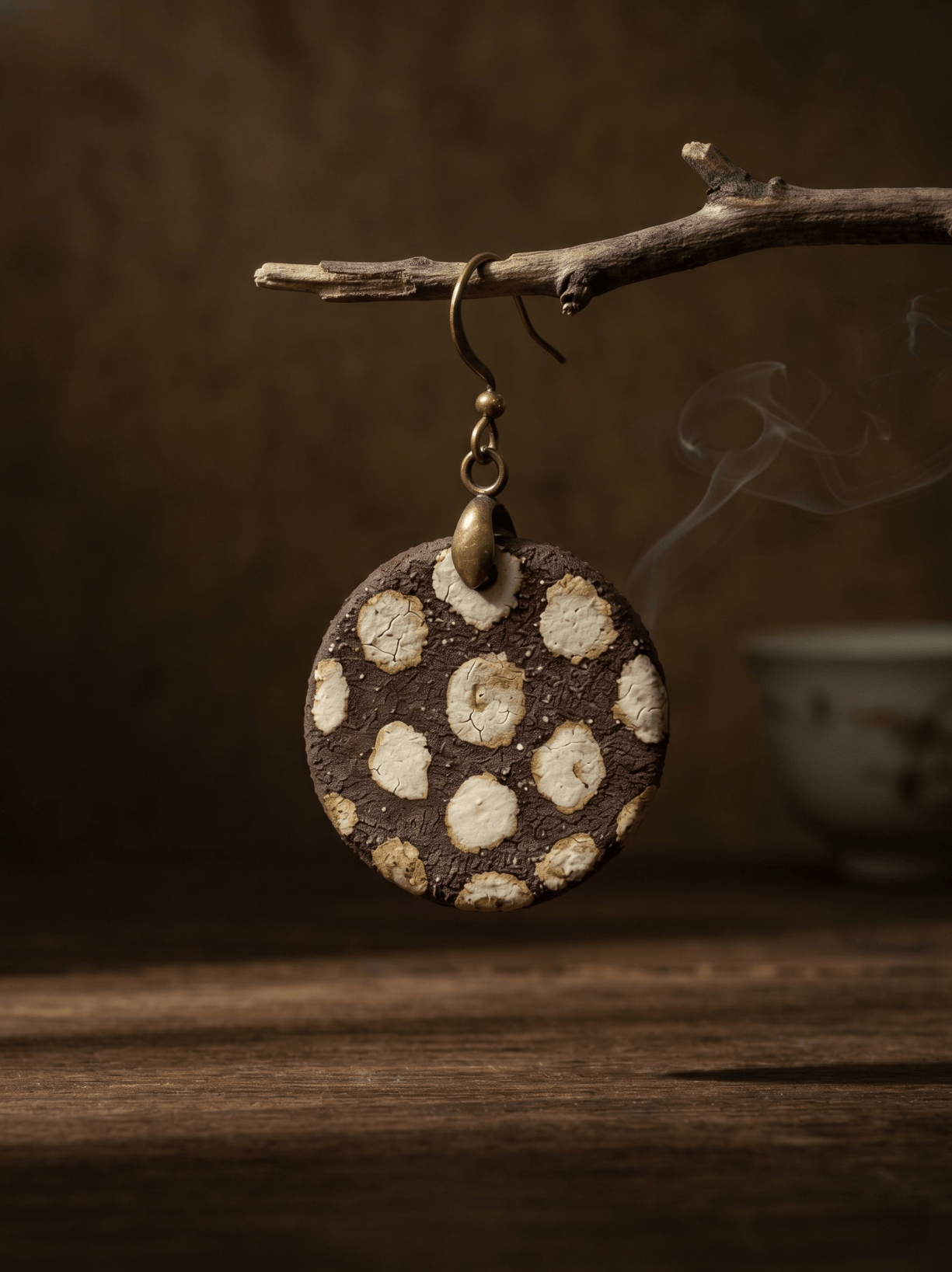 A single HECROWN round earthy brown ceramic drop earring with beige crackle dots hanging from a branch amidst faint smoke. Zen aesthetic Jingdezhen handmade jewelry.