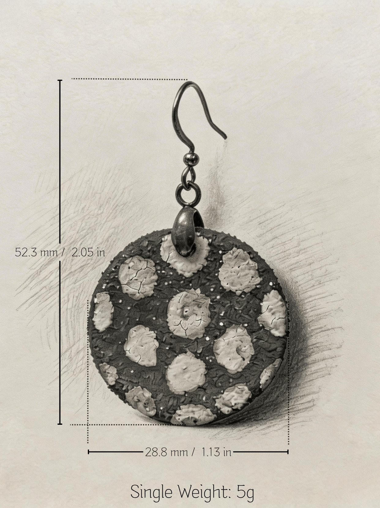 Technical drawing of HECROWN round brown crackle ceramic drop earring. Dimensions: 52.3mm length, 28.8mm width. Ultra-light 5g single weight. Transparent details for global buyers.