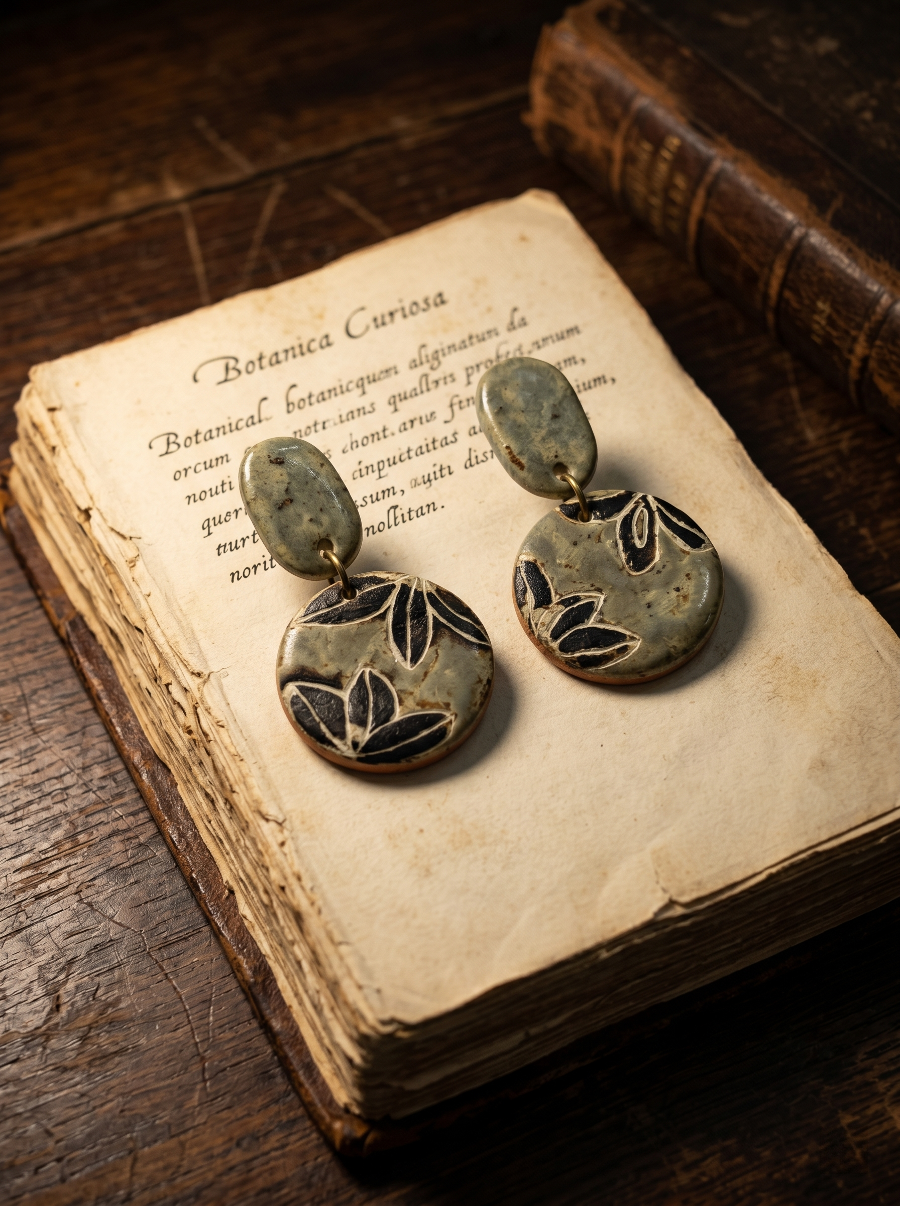 HECROWN carved botanical ceramic earrings resting on an antique Botanica Curiosa book. Perfect for lovers of dark academia and sincere Jingdezhen ceramic art.