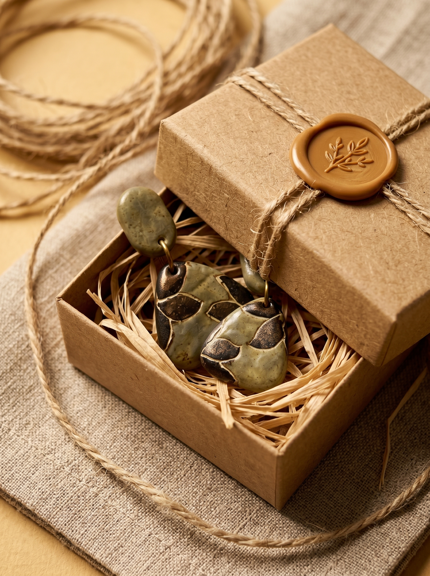 HECROWN celadon green ceramic botanical drop earrings in an eco-friendly kraft box with a vintage wax seal. A premium, ready-to-gift Jingdezhen handmade jewelry piece.