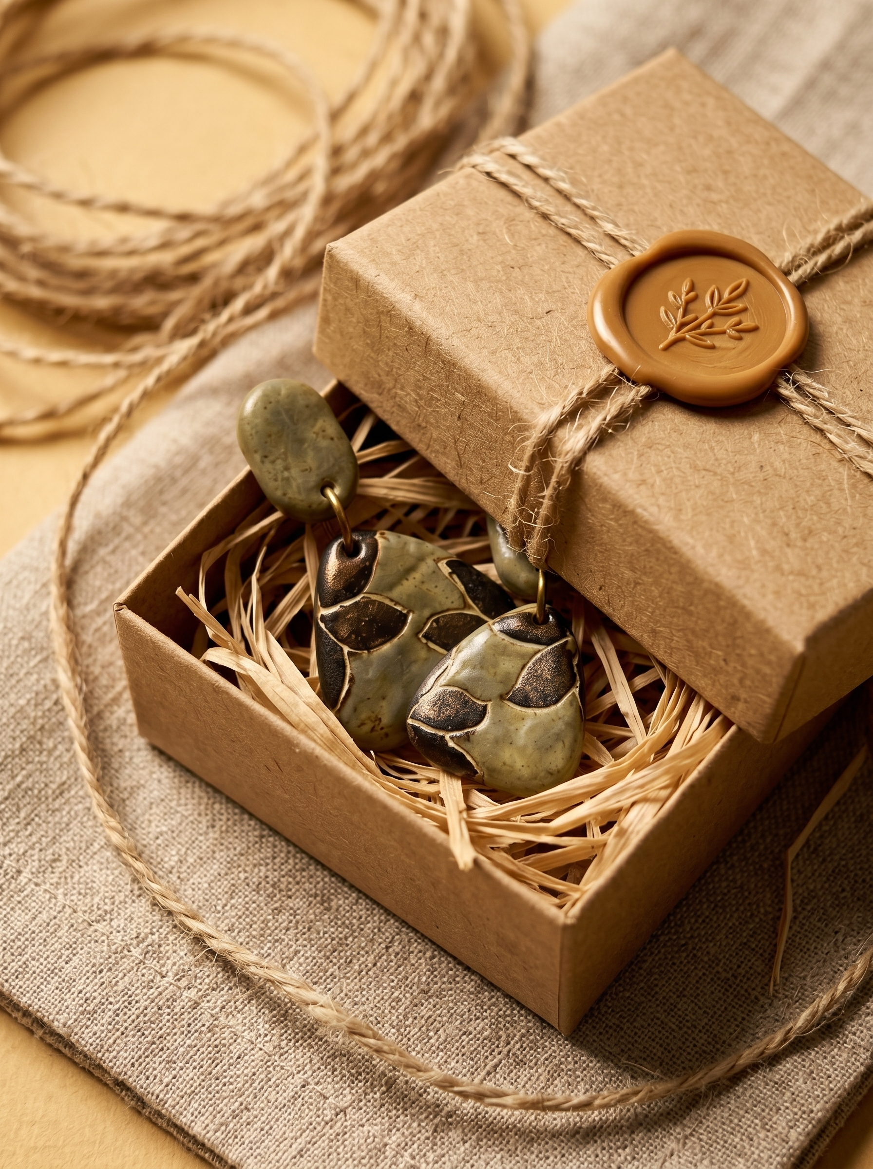 HECROWN celadon green ceramic botanical drop earrings in an eco-friendly kraft box with a vintage wax seal. A premium, ready-to-gift Jingdezhen handmade jewelry piece.
