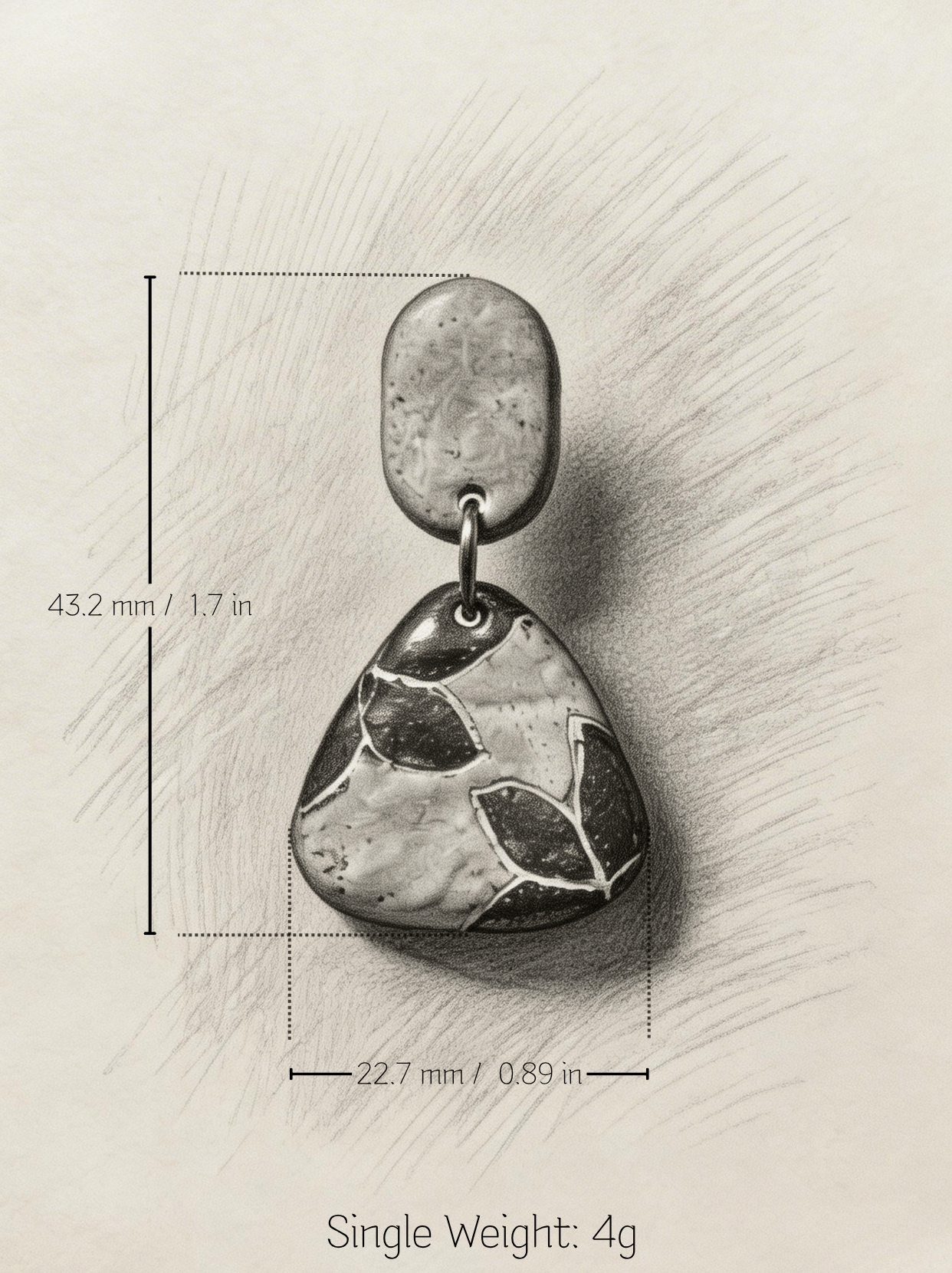 Technical specification drawing of HECROWN celadon botanical triangle earring. Dimensions: 43.2mm length, 22.7mm width. Ultra-light 4g single weight. Honest details for global buyers.