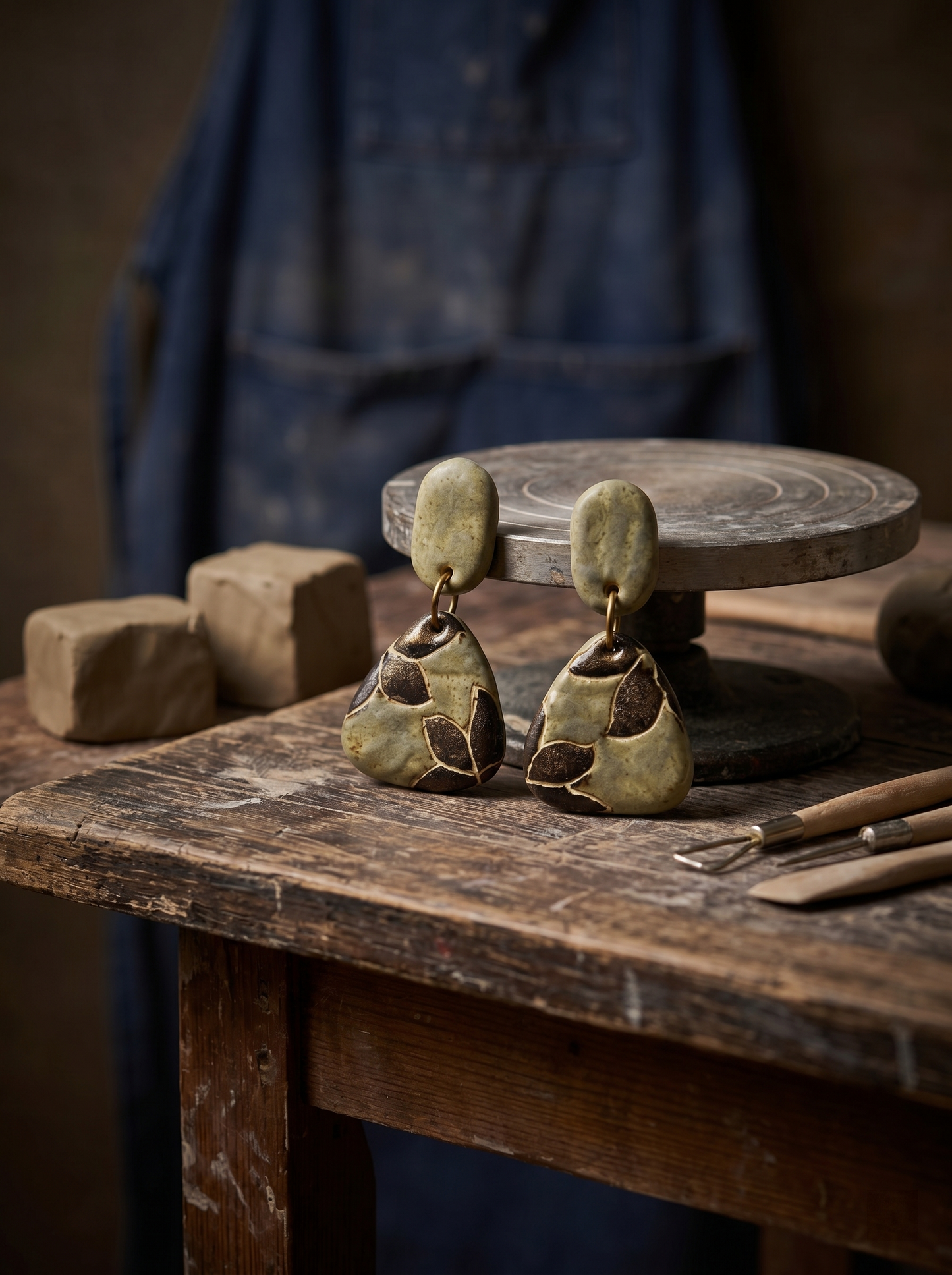 HECROWN 016 botanical ceramic triangle earrings resting on a vintage wooden workbench with pottery tools. Showcasing the sincere Jingdezhen handmade jewelry process.
