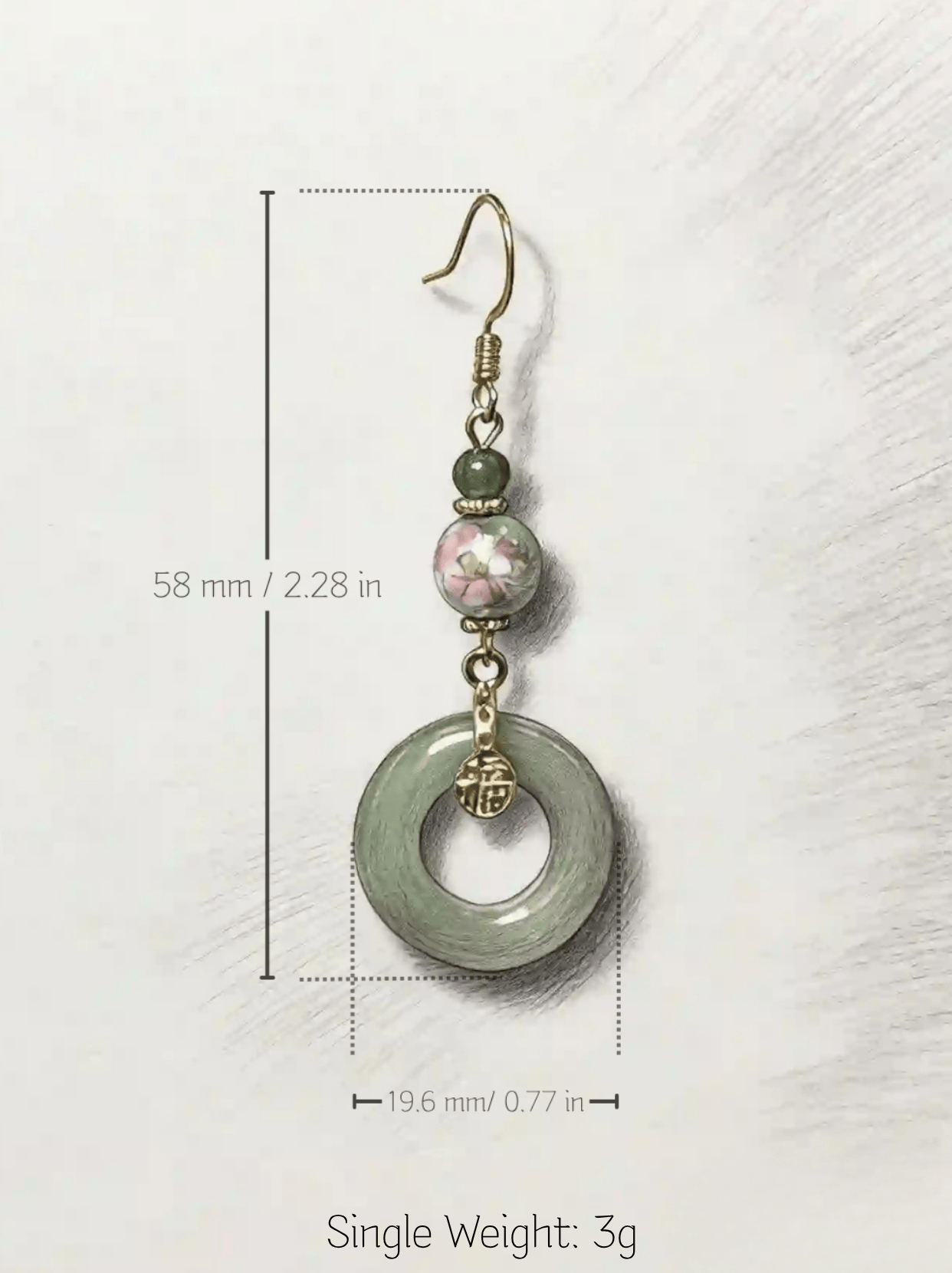 Technical specification drawing of HECROWN 017 green ceramic earring. Dimensions: 58mm length, 19.6mm width. Ultra-light 3g single weight. Honest details for global buyers.