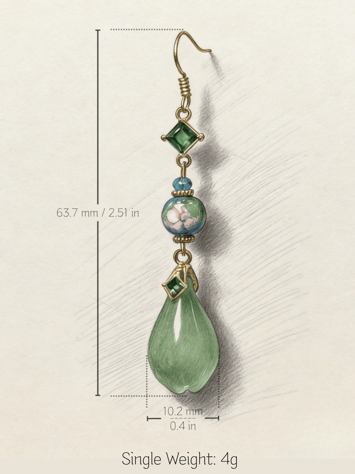 Technical specification drawing of HECROWN long green ceramic earring. Dimensions: 63.7mm length, 10.2mm width. Single weight: 4g. Honest details for buyers.
