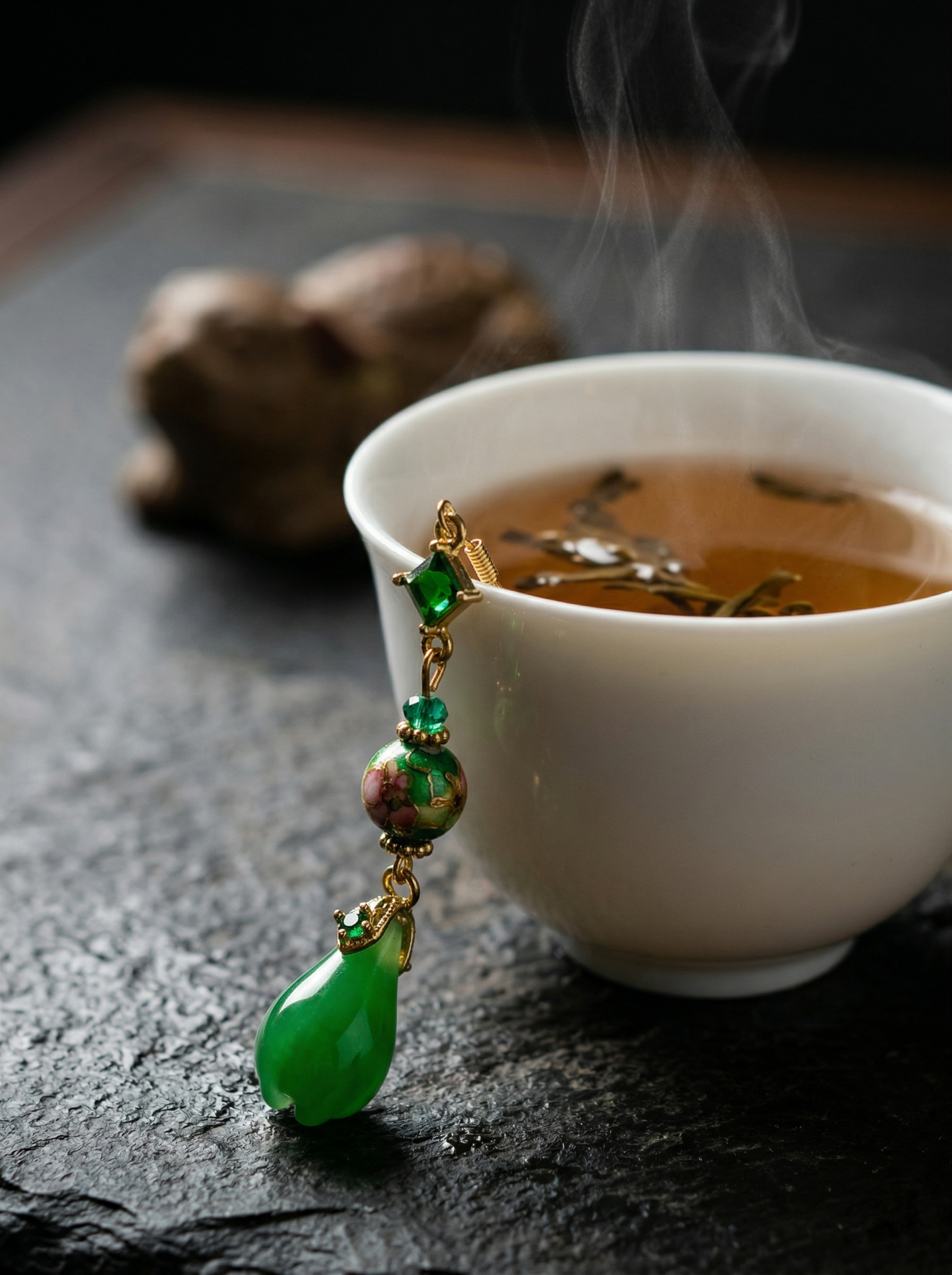 HECROWN long green ceramic earring hanging on a white tea cup with steam. A zen lifestyle shot of authentic Jingdezhen handmade jewelry.