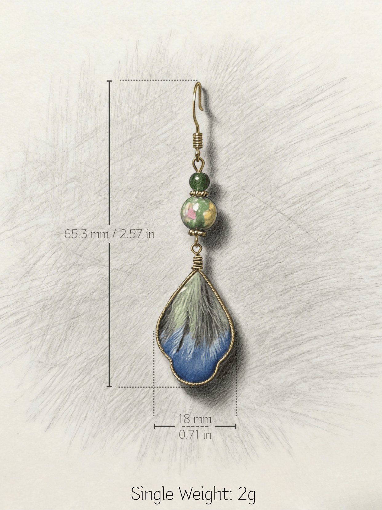 Technical specification drawing of HECROWN silk and ceramic earring. Dimensions: 65.3mm length, 18mm width. Incredible 2g single weight for maximum comfort.