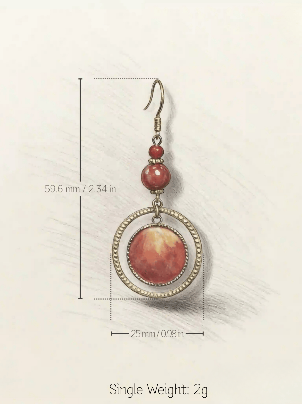 Technical specification drawing of HECROWN red silk sun earring. Dimensions: 59.6mm length, 25mm width. Incredible 2g single weight for all-day comfort.