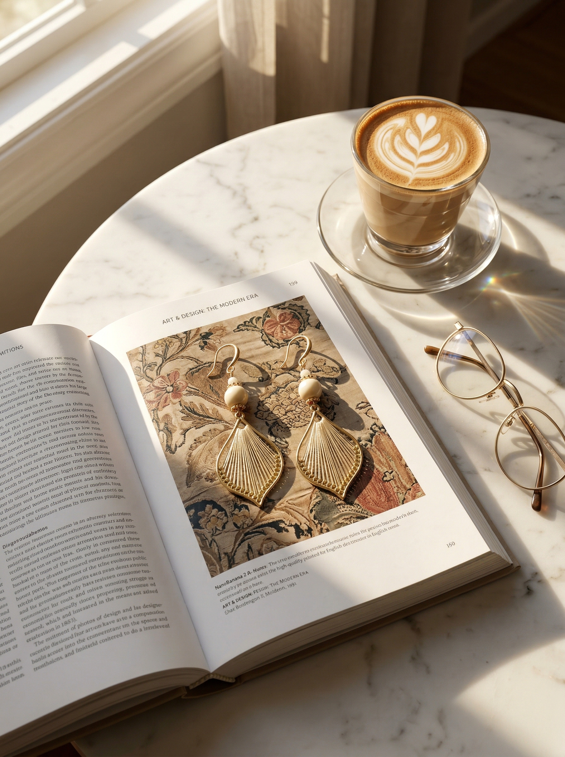 HECROWN silk woven earrings on an open book next to a latte. A warm lifestyle shot of Jingdezhen ceramic art for everyday luxury.