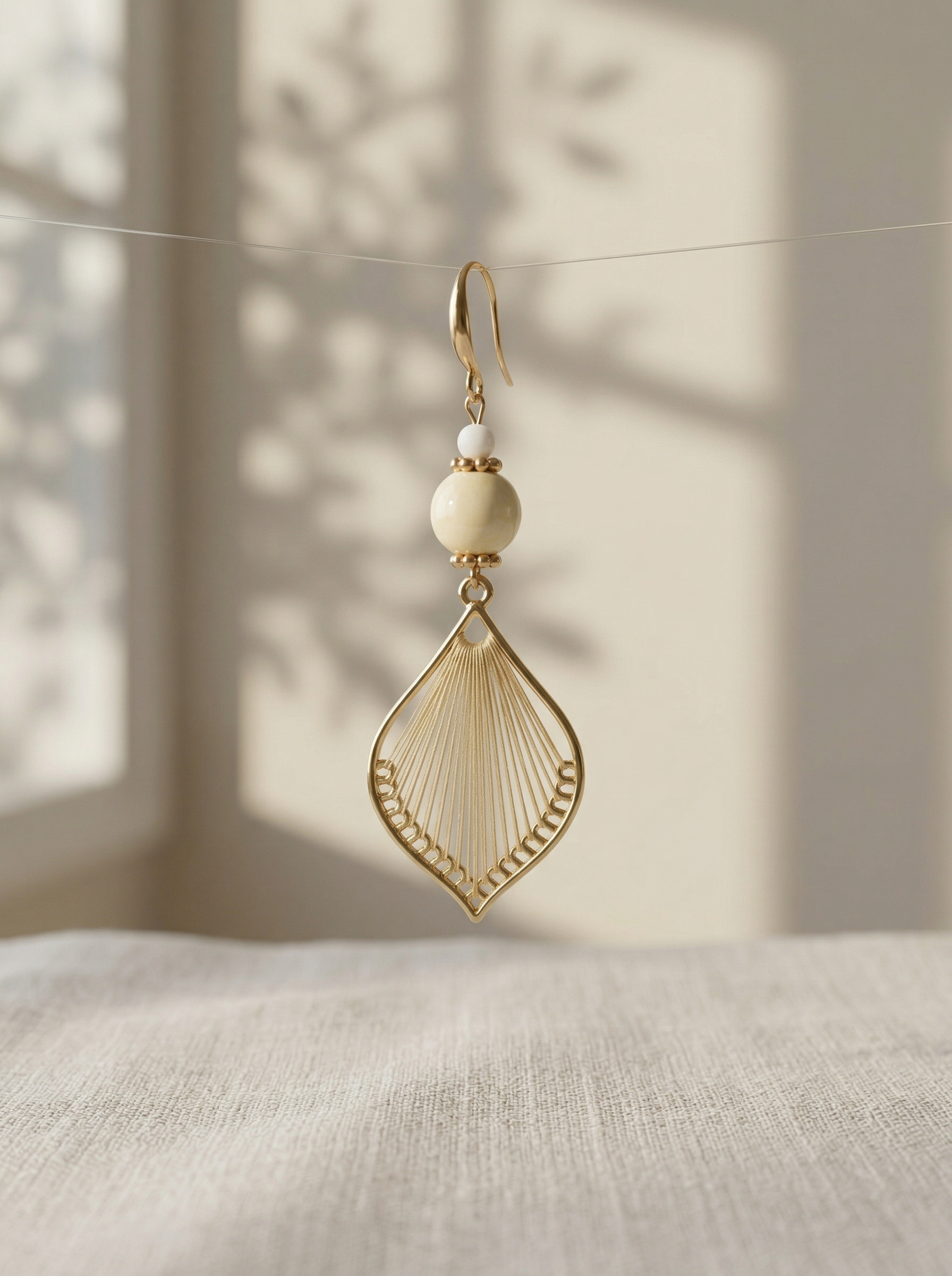 HECROWN handcrafted silk and porcelain earring hanging on a thin line with soft leaf shadows. Sincere wabi-sabi handmade jewelry.