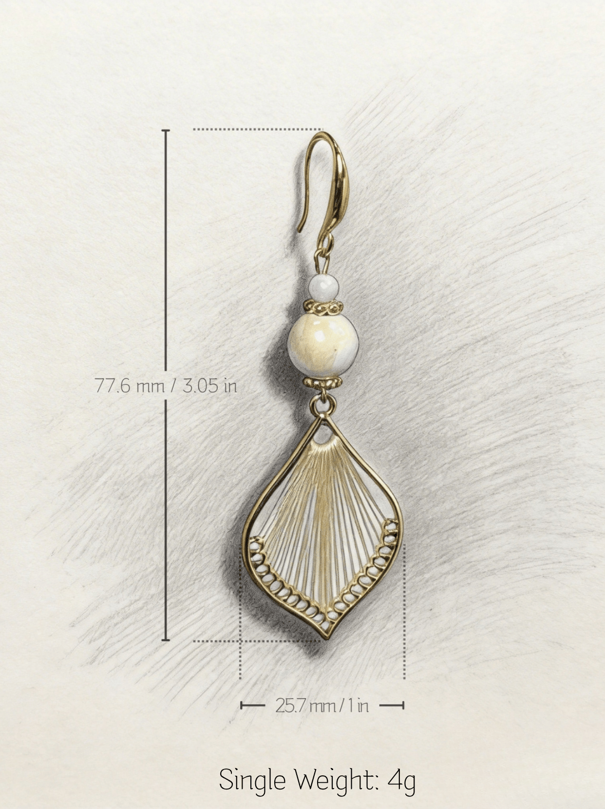 Technical specification drawing of HECROWN silk woven earring. Dimensions: 77.6mm length, 25.7mm width. Ultra-light 4g weight.