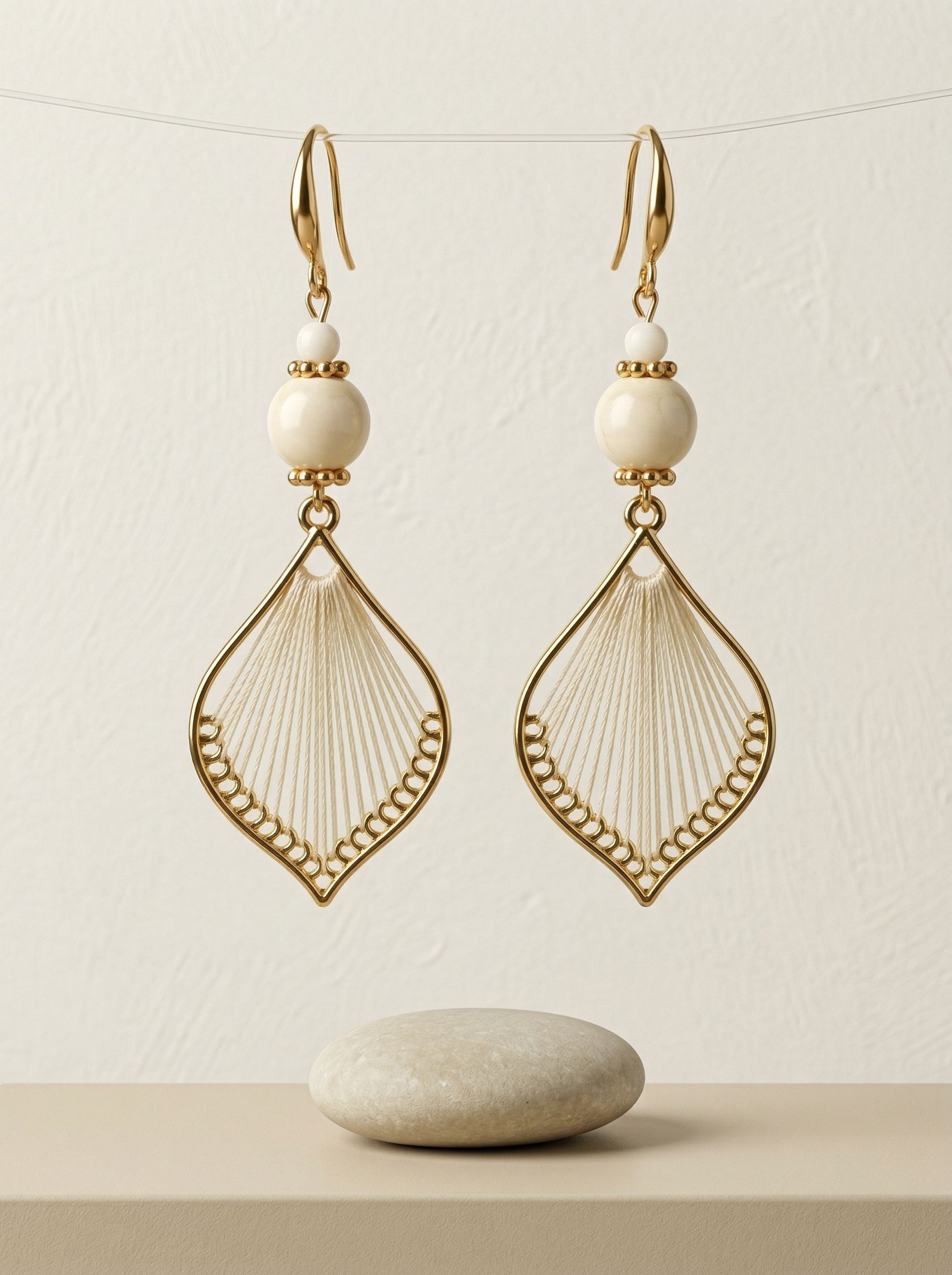 HECROWN cream silk and porcelain earrings hanging over a small stone. Showcasing the pure and sincere handcrafted gift aesthetic.