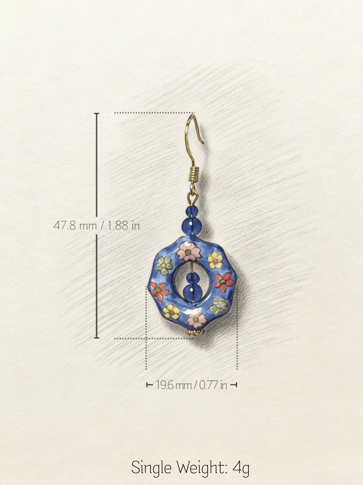 Technical specification drawing of HECROWN 022 blue floral earring. Dimensions: 47.8mm length, 19.6mm width. Single weight: 4g. Honest details.