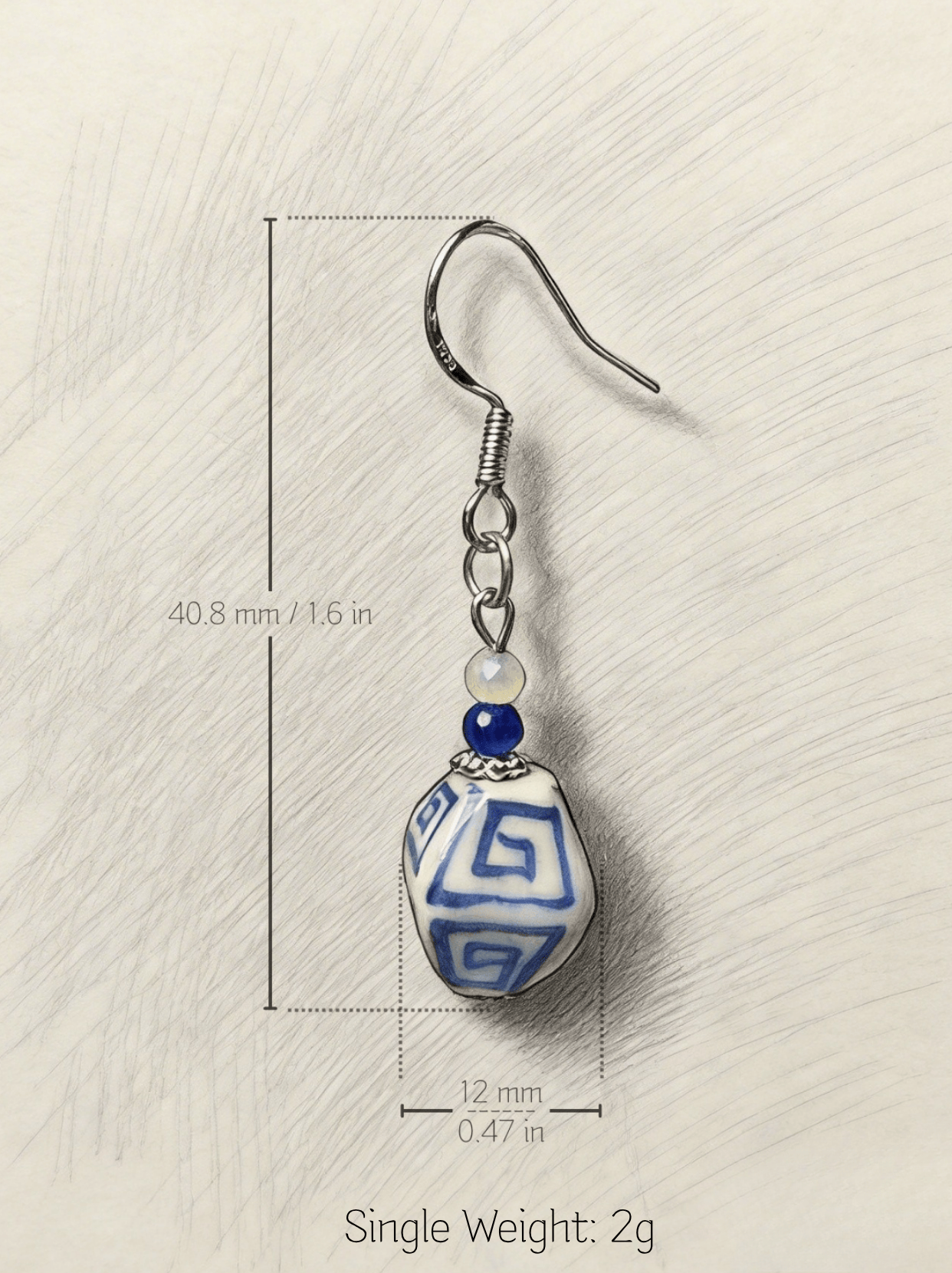 Technical specification drawing of HECROWN 023 blue floral earring. Dimensions: 47.7mm length, 19.6mm width. Ultra-light 3g single weight.