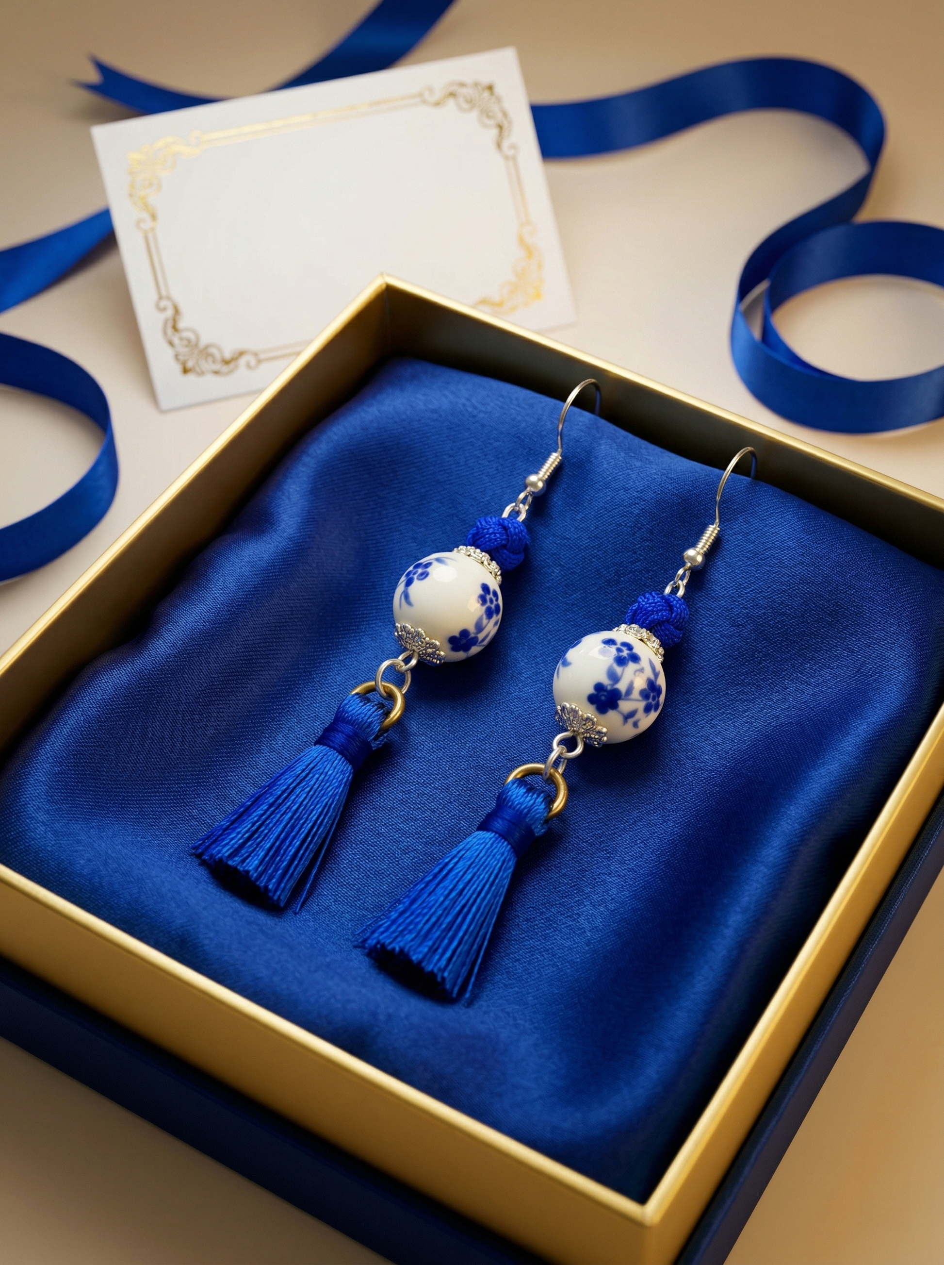 HECROWN hand-painted tassel earrings on light linen with scattered blue glass beads. A soulful piece of Jingdezhen porcelain art.