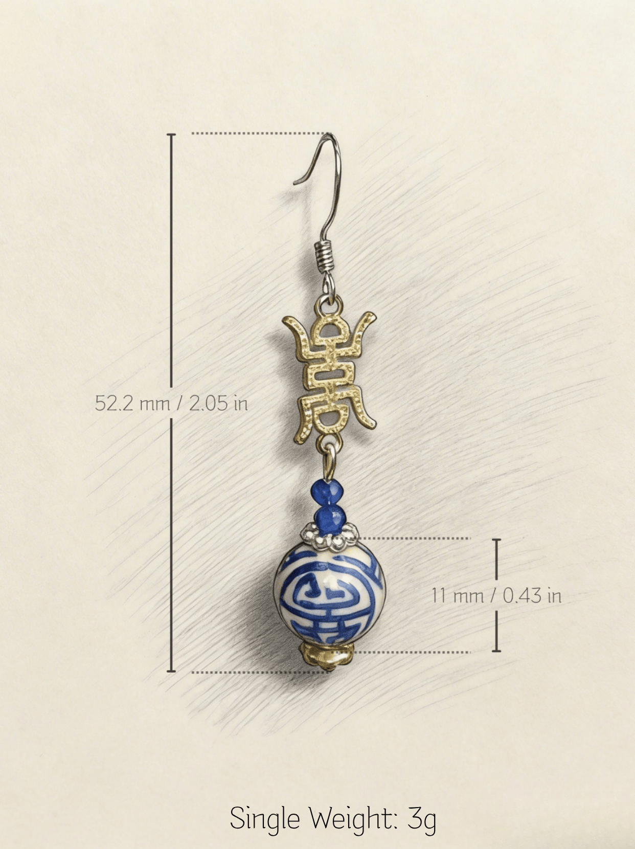 Technical specification drawing of HECROWN cobalt blue bloom bud ceramic earring. Dimensions: 33.3mm length, 24.3mm width. Ultra-light 4g single weight. Honest details.