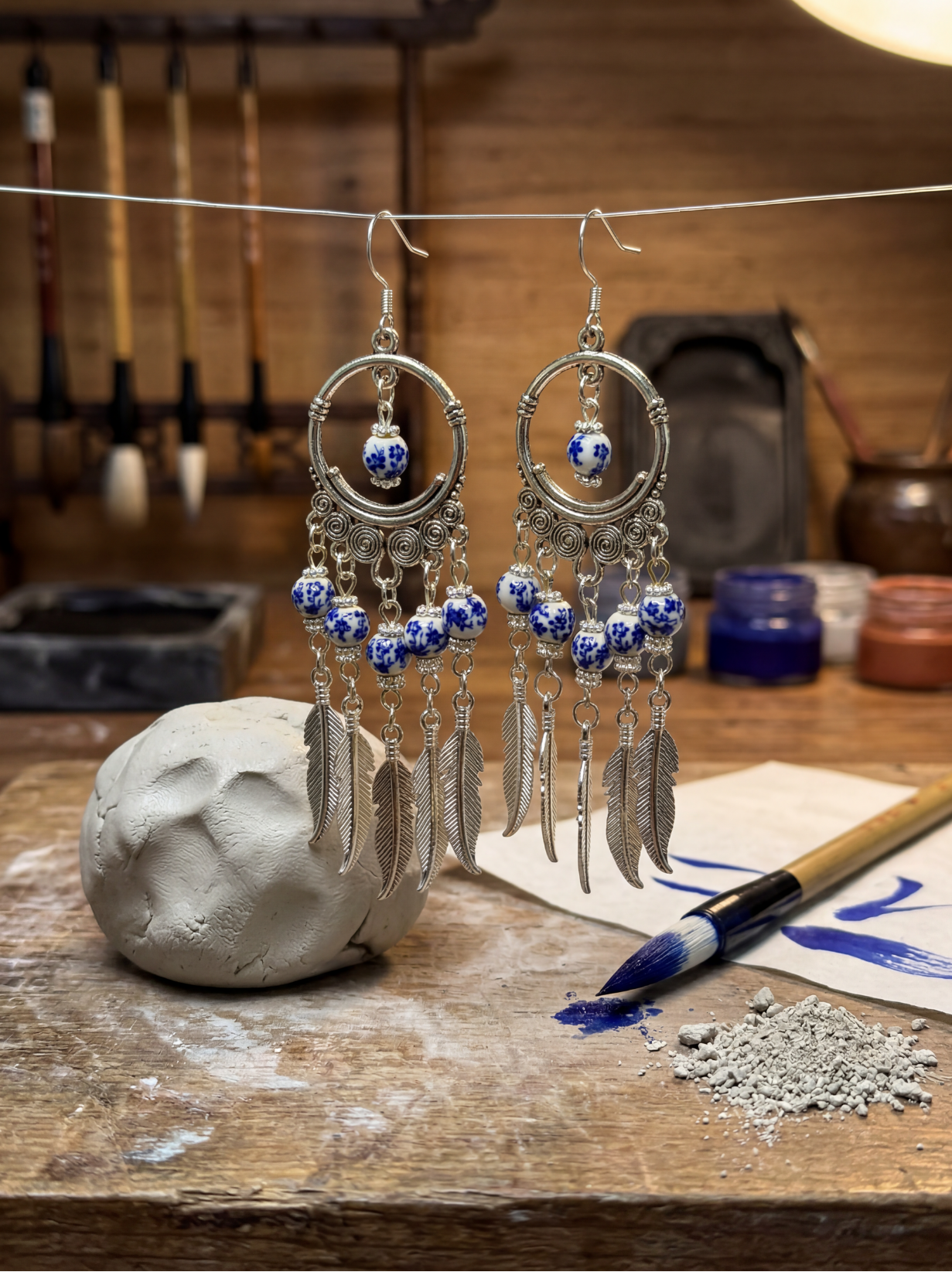 A pair of HECROWN blue phantom ceramic earrings displayed on white minimalist blocks. Sincere Jingdezhen ceramic art for unique handmade gifts.