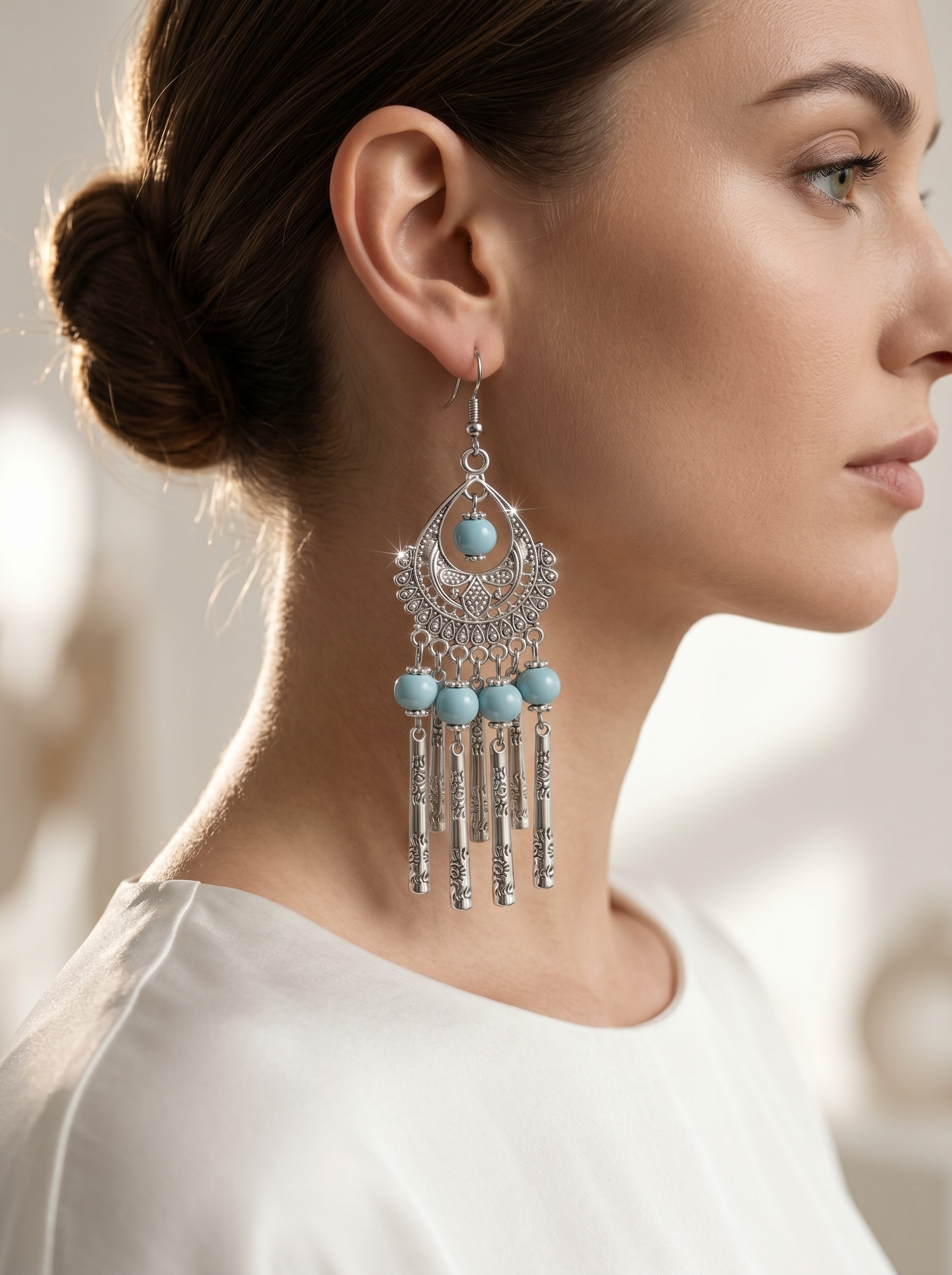 HECROWN 029 series blue floral ceramic round earrings hanging on a gold stand. Highlighting authentic handcrafted porcelain jewelry.
