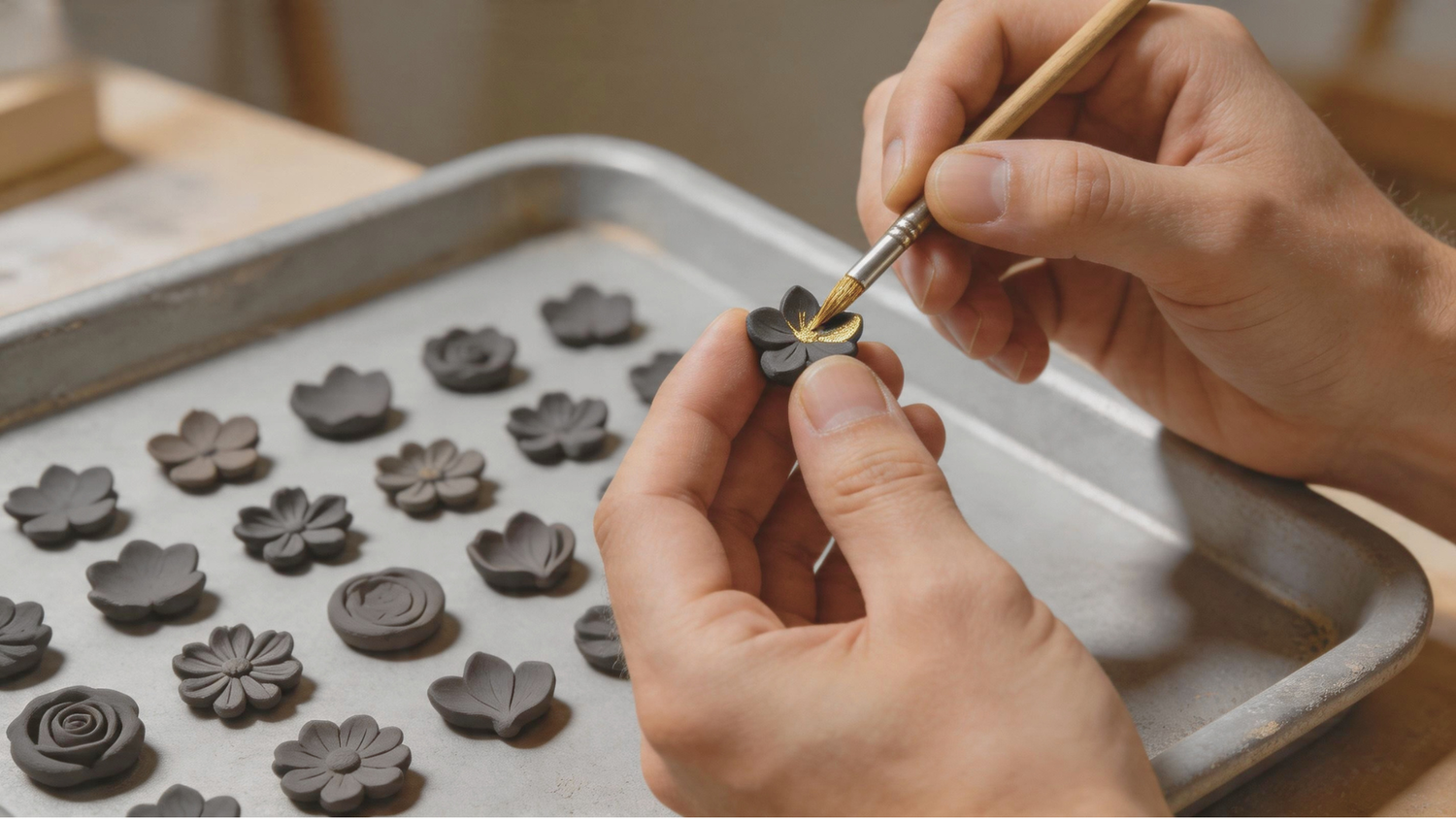 Close-up of artisan hands meticulously applying gold details to a dark raw clay floral piece with a fine brush. HECROWN jewelry making process in a warm Jingdezhen studio, capturing the authentic texture of earth and the quiet focus of handmade luxury craftsmanship.