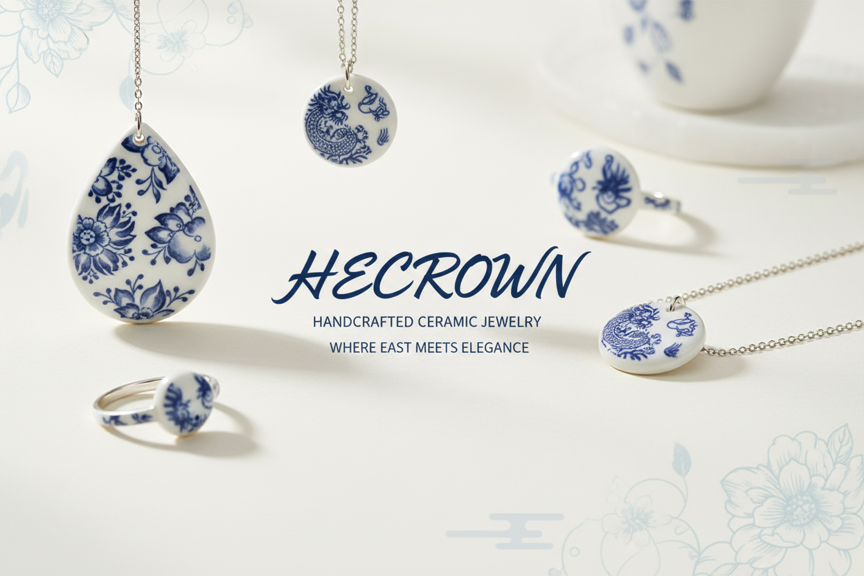 Homepage banner displaying floating blue and white porcelain necklaces and rings with traditional dragon and floral motifs. HECROWN handcrafted ceramic jewelry from Jingdezhen, highlighting a clean, elegant aesthetic where East meets elegance.