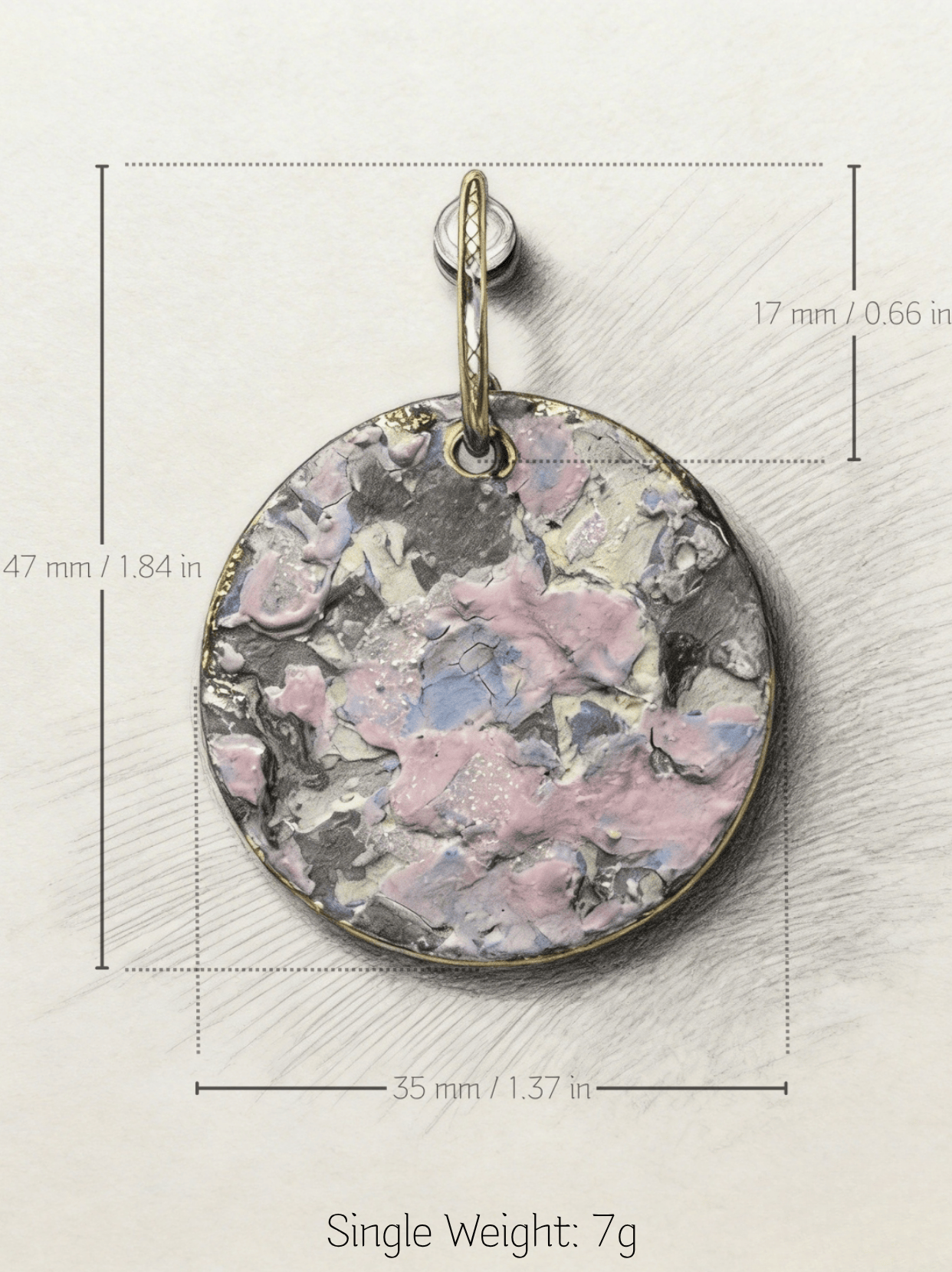 Technical sketch showing the dimensions of HECROWN 002 ceramic earring: 47mm height, 35mm width, and a lightweight 7g single weight. A clear size guide ensuring confidence for international customers seeking comfortable wearable art.