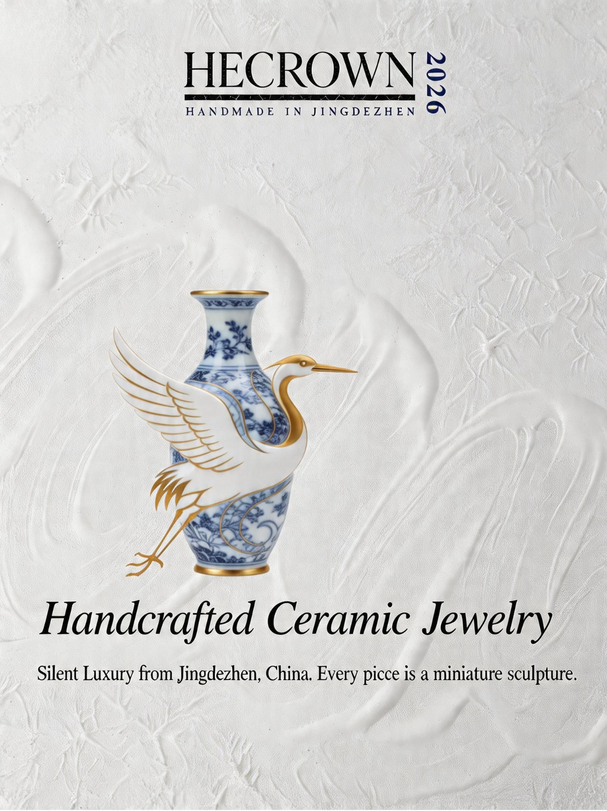 Handcrafted ceramic jewelry featuring a white crane intertwined with a blue-and-white porcelain vase and gold accents. HECROWN miniature sculpture handmade in Jingdezhen, China, set against a white textured background representing silent luxury aesthetic.