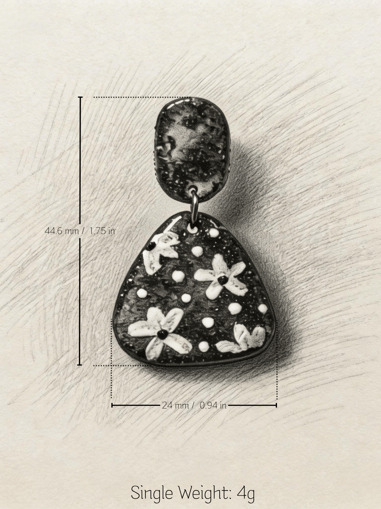 Technical specification drawing of HECROWN hand-painted floral ceramic earring. Dimensions: 44.6mm length, 24mm width, with an ultra-light 4g single weight. Transparent details for global buyers.
