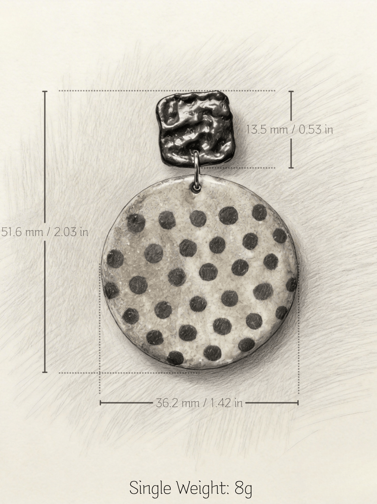 Technical specification drawing of the HECROWN round polka dot ceramic earring. Dimensions: 51.6mm length, 36.2mm width, with an 8g single weight. Transparent details for global buyers.