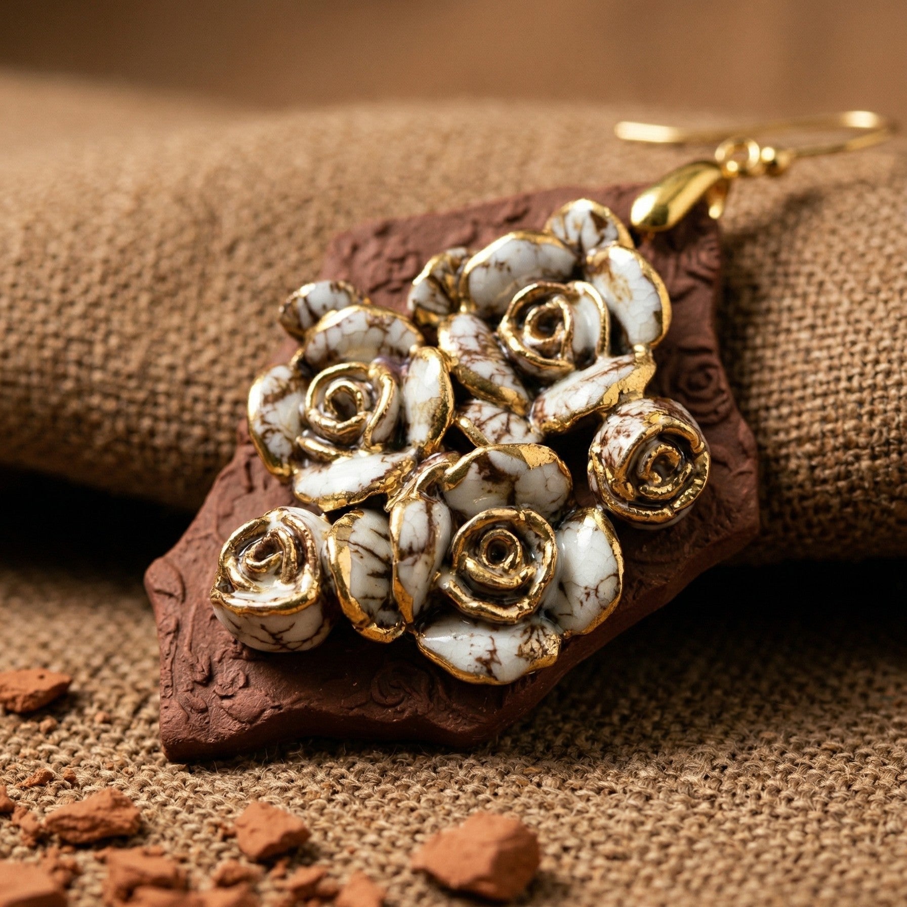 Close-up of one-of-a-kind ceramic earrings featuring white porcelain roses with gold accents mounted on a raw terracotta clay shard. HECROWN signature collection wearable art handmade in Jingdezhen, displayed on textured burlap for a wabi-sabi and dark academia aesthetic.