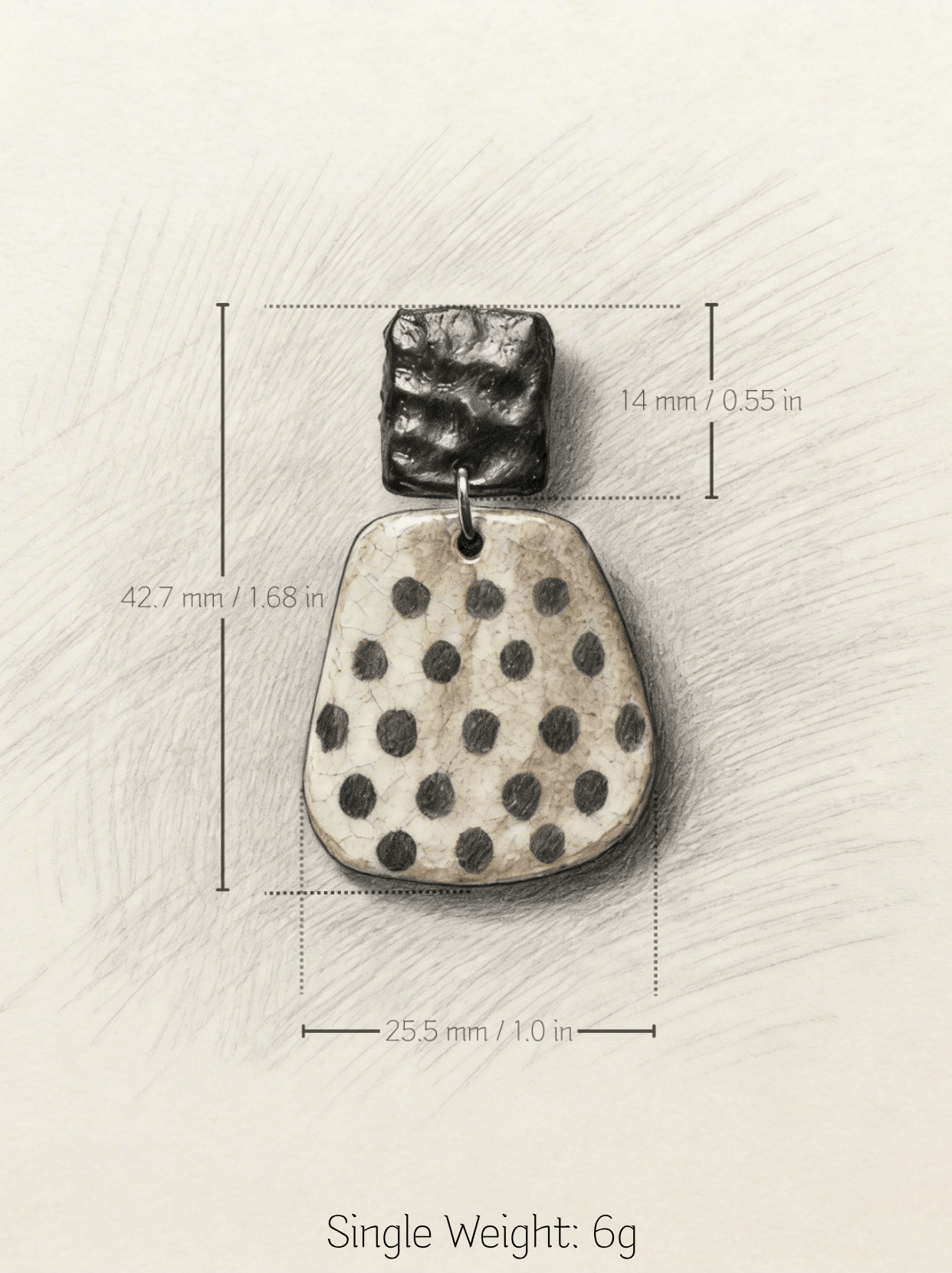 Technical drawing of HECROWN speckled ceramic earring. Dimensions: 42.7mm length, 25.5mm width, with a surprisingly light 6g single weight. Transparent details for global buyers.