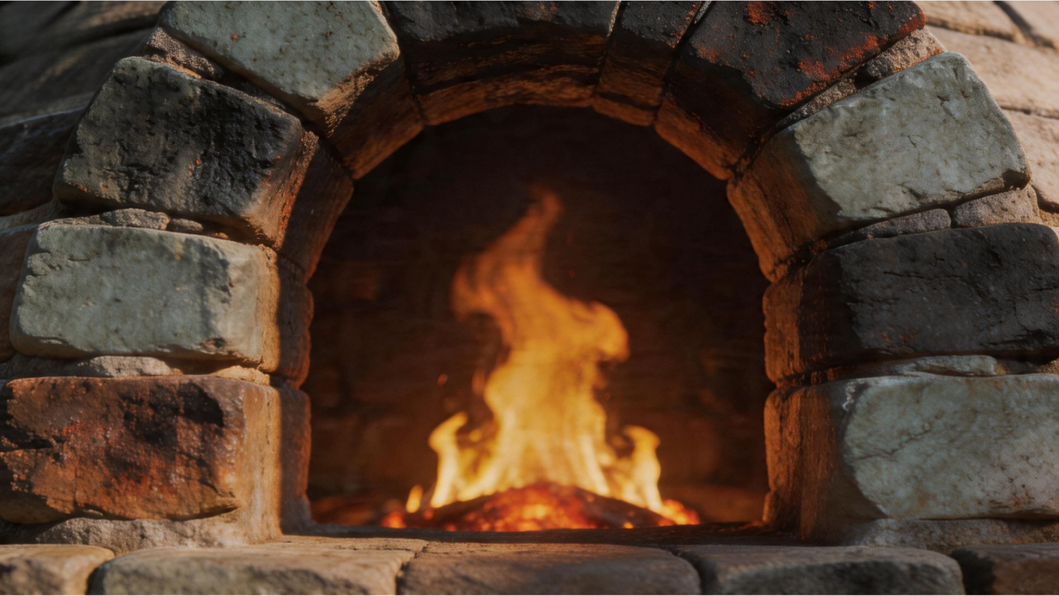 Close-up of a traditional rustic brick kiln with a roaring fire inside. HECROWN jewelry making process, showcasing the 1000-degree high-temperature firing technique in Jingdezhen, representing the irreversible alchemy of earth and fire.
