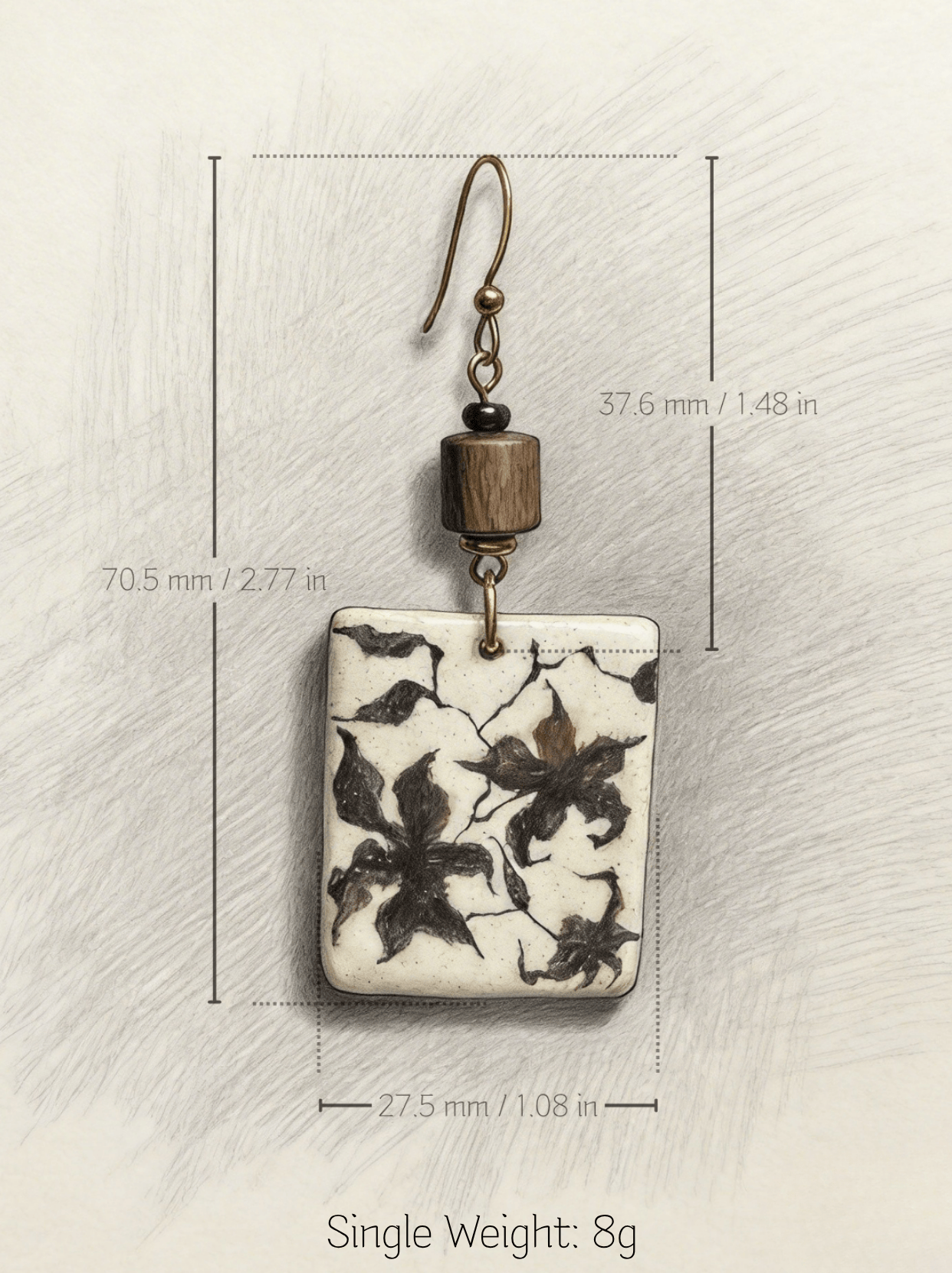 Technical drawing of HECROWN hand-painted ceramic earring. Dimensions: 70.5mm length, 27.5mm width, with an 8g single weight. Providing transparent physical details for Jingdezhen handmade jewelry buyers.