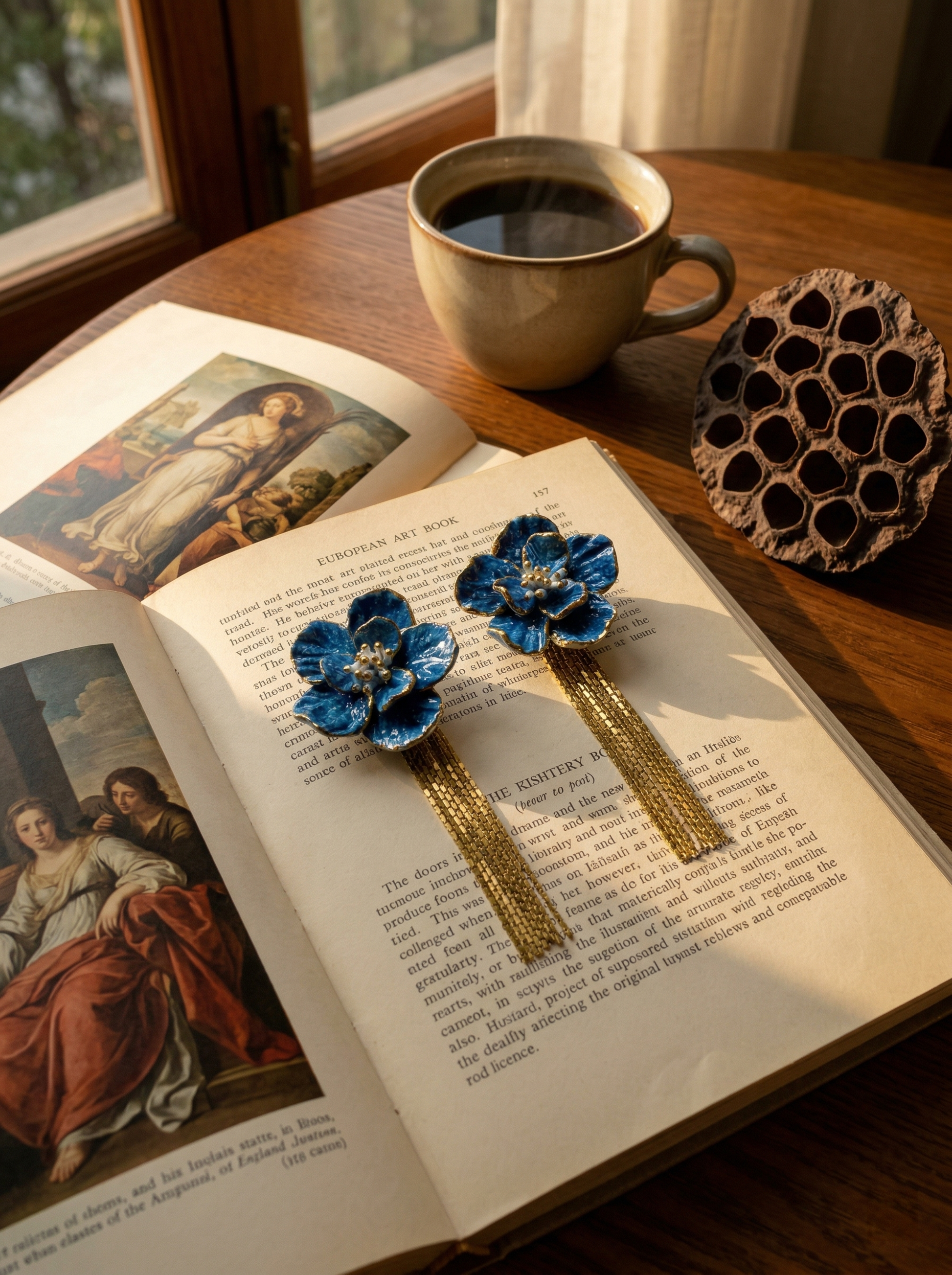 HECROWN Blue Bloom tassel earrings resting on an open art book. A unique handmade jewelry piece and a sincere anniversary gift handcrafted in Jingdezhen.